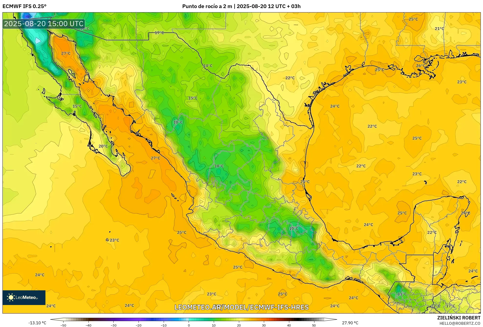 ECMWF IFS 0.25° model - México, Punto de rocío a 2 m ECMWF IFS 0.25° model - México, Punto de rocío a 2 m