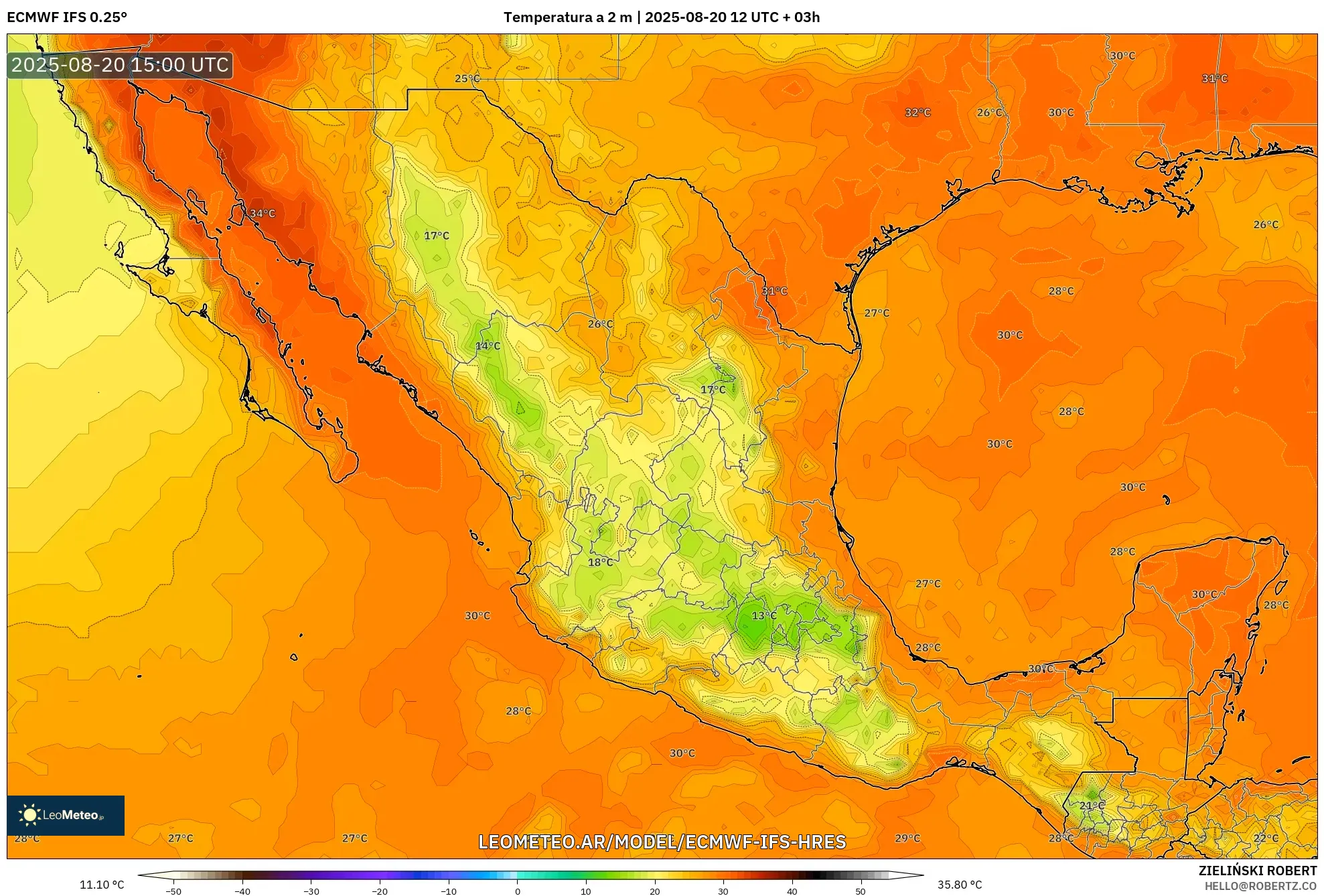 ECMWF IFS 0.25° model - México, Temperatura a 2 m ECMWF IFS 0.25° model - México, Temperatura a 2 m