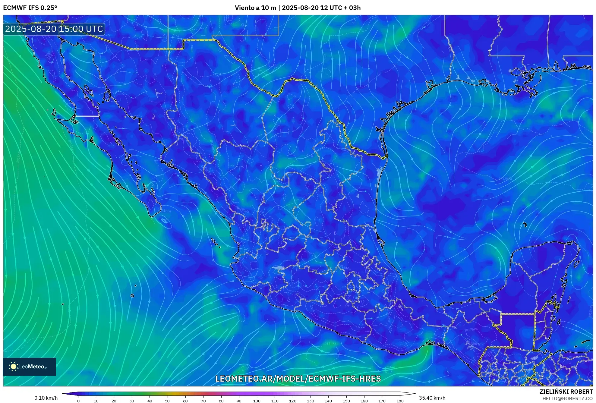 ECMWF IFS 0.25° model - México, Viento a 10 m ECMWF IFS 0.25° model - México, Viento a 10 m