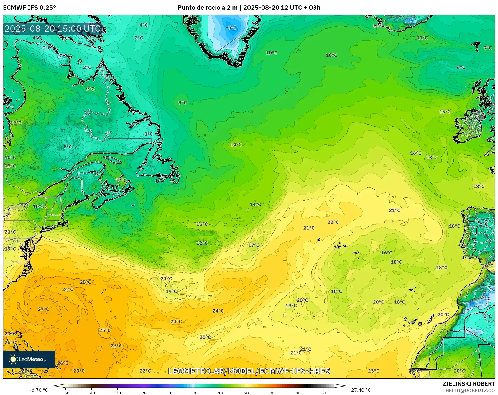 ECMWF IFS 0.25° model - Norte Atlántico, Punto de rocío a 2 m ECMWF IFS 0.25° model - Norte Atlántico, Punto de rocío a 2 m