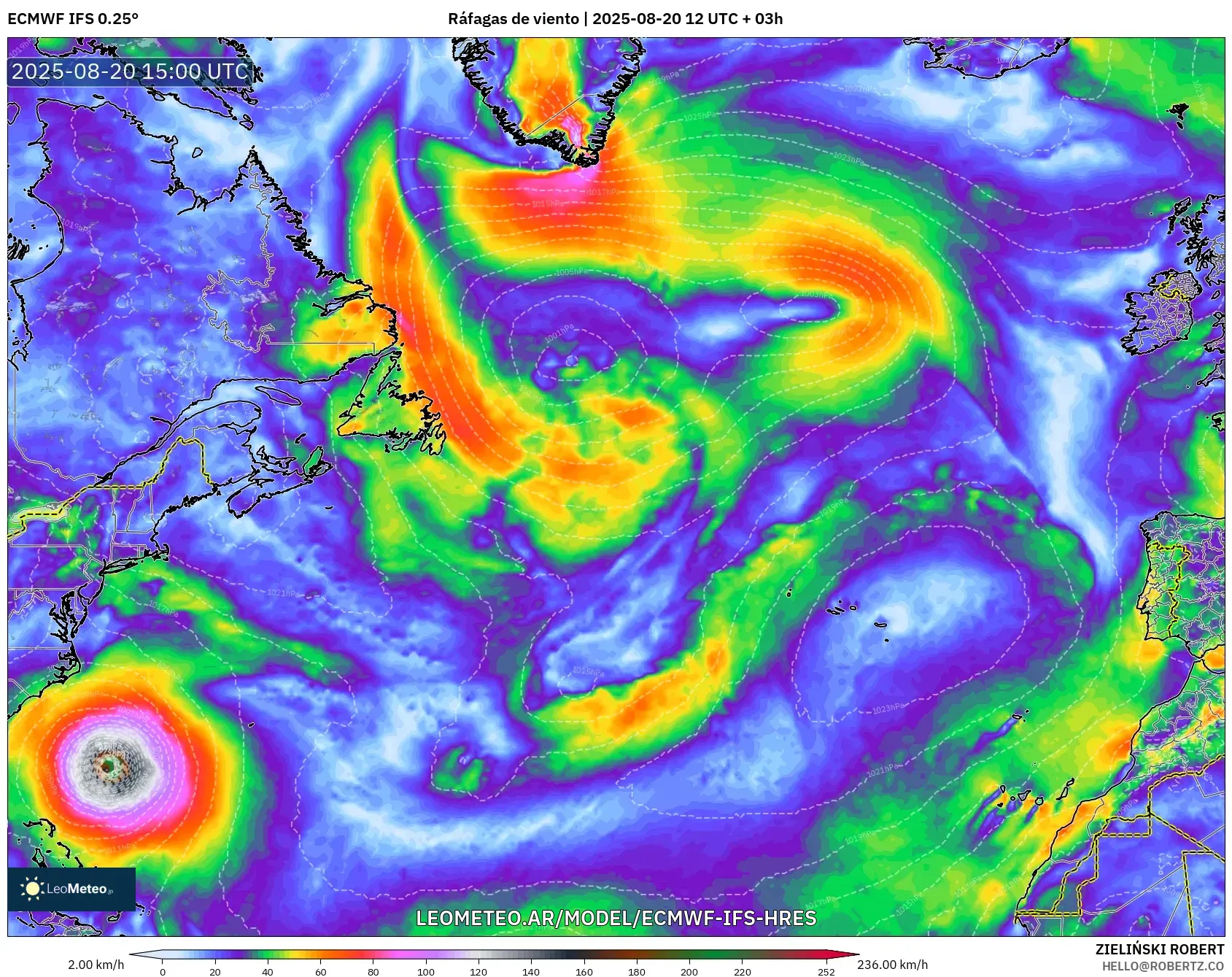 ECMWF IFS 0.25° model - Norte Atlántico, Ráfagas de viento