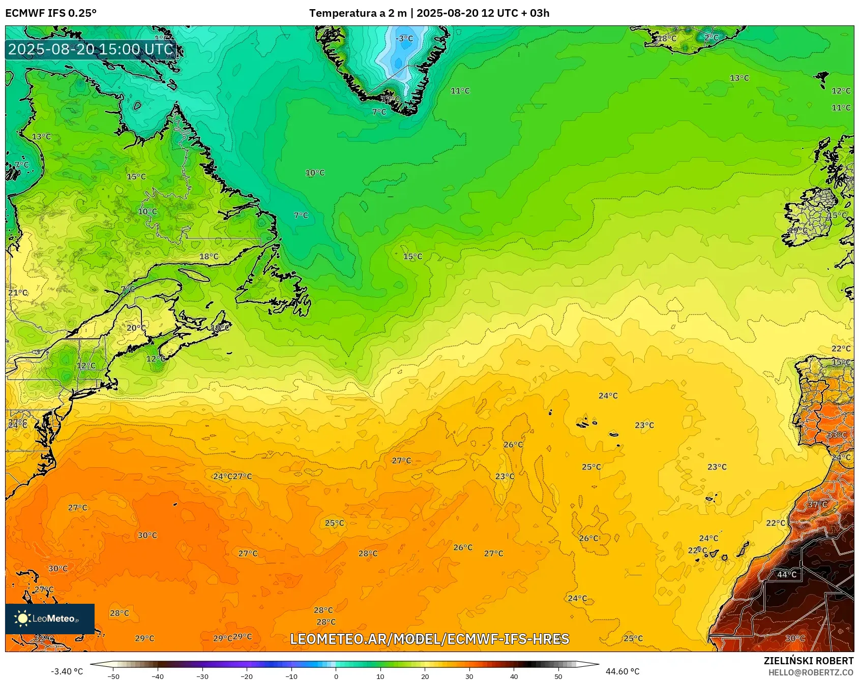 ECMWF IFS 0.25° model - Norte Atlántico, Temperatura a 2 m