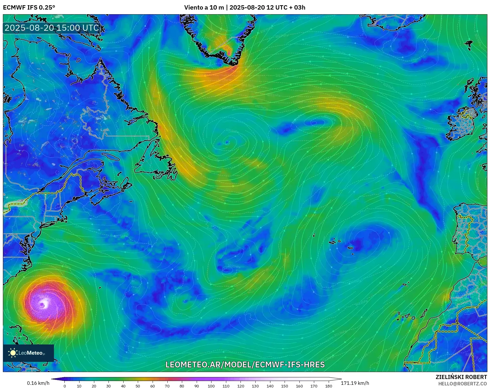 ECMWF IFS 0.25° model - Norte Atlántico, Viento a 10 m ECMWF IFS 0.25° model - Norte Atlántico, Viento a 10 m