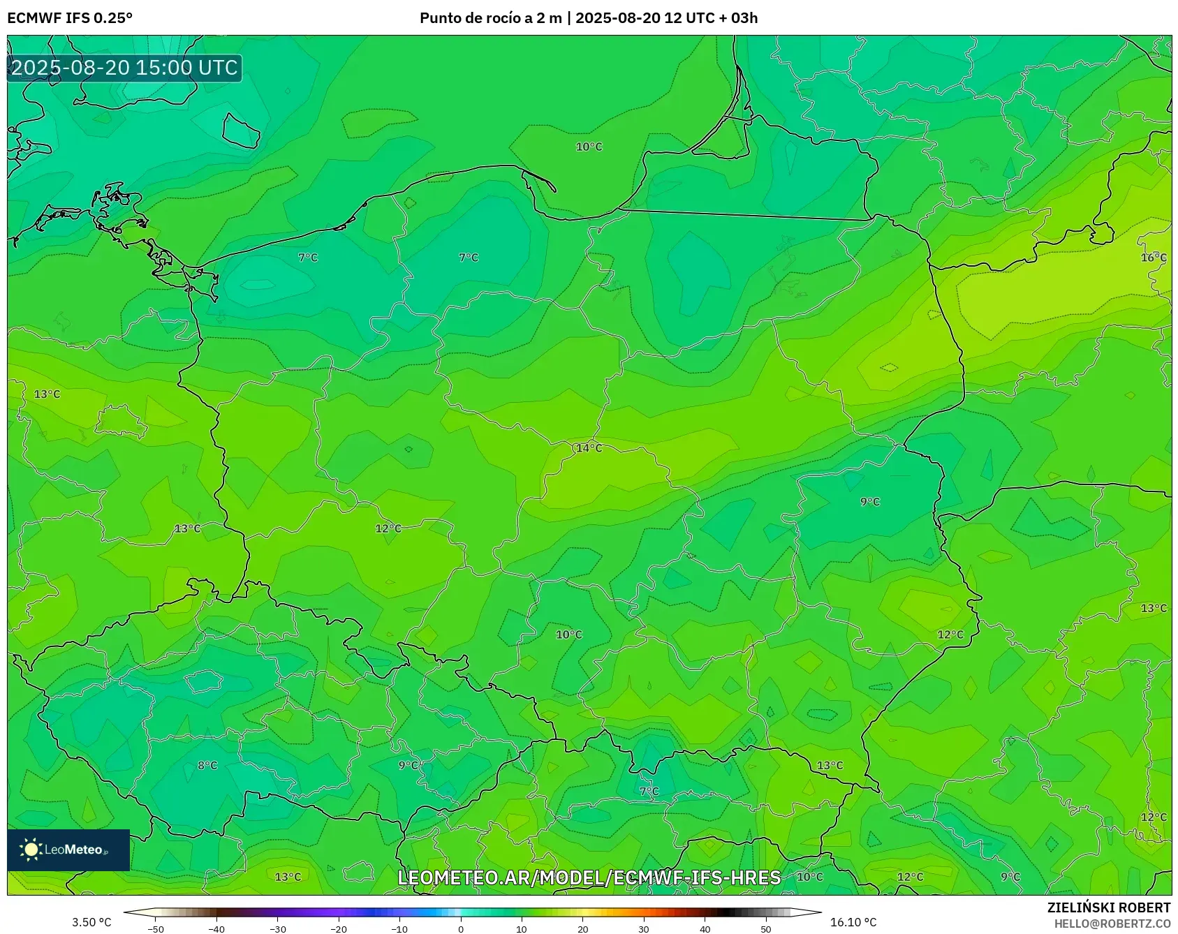 ECMWF IFS 0.25° model - Polonia, Punto de rocío a 2 m