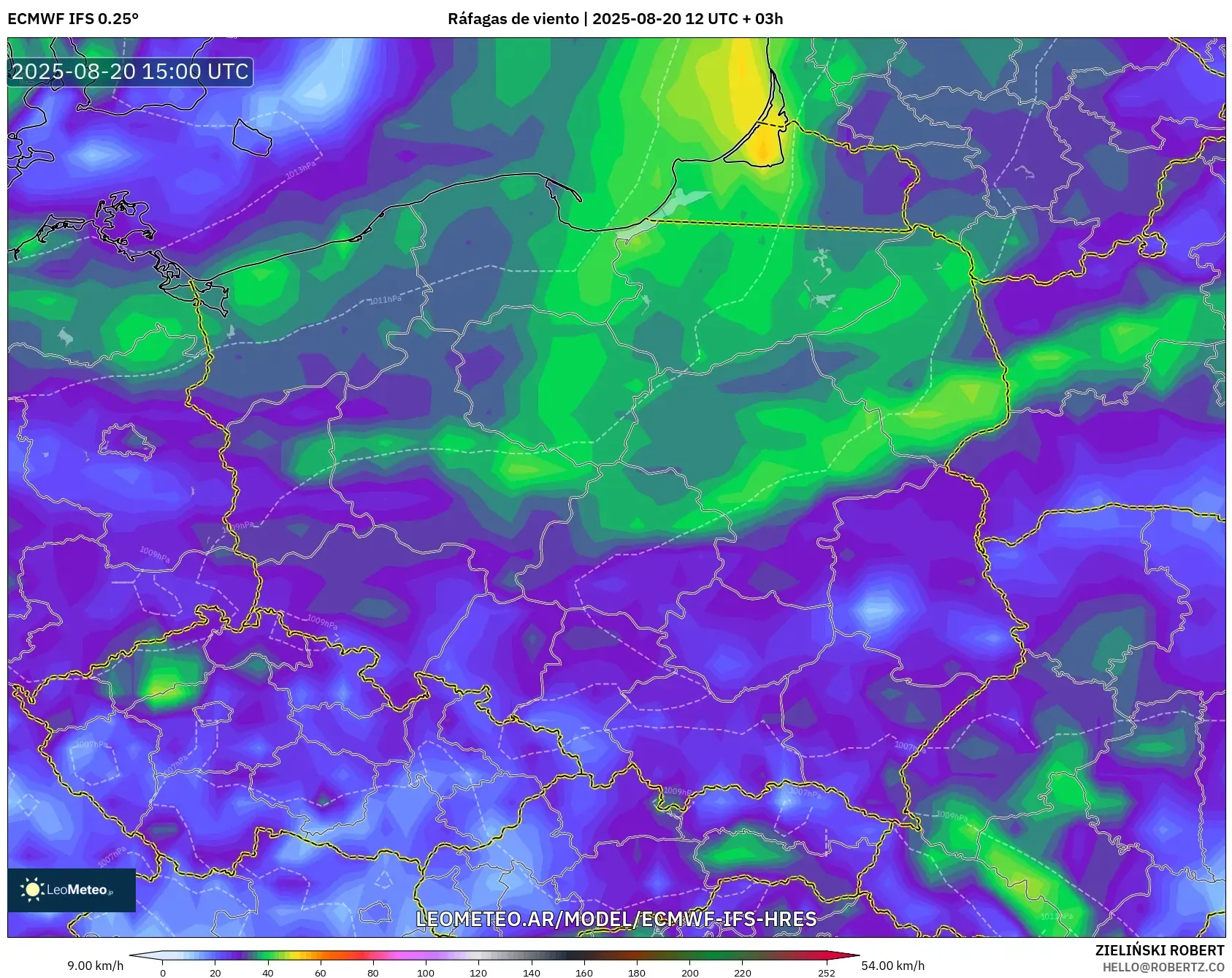 ECMWF IFS 0.25° model - Polonia, Ráfagas de viento