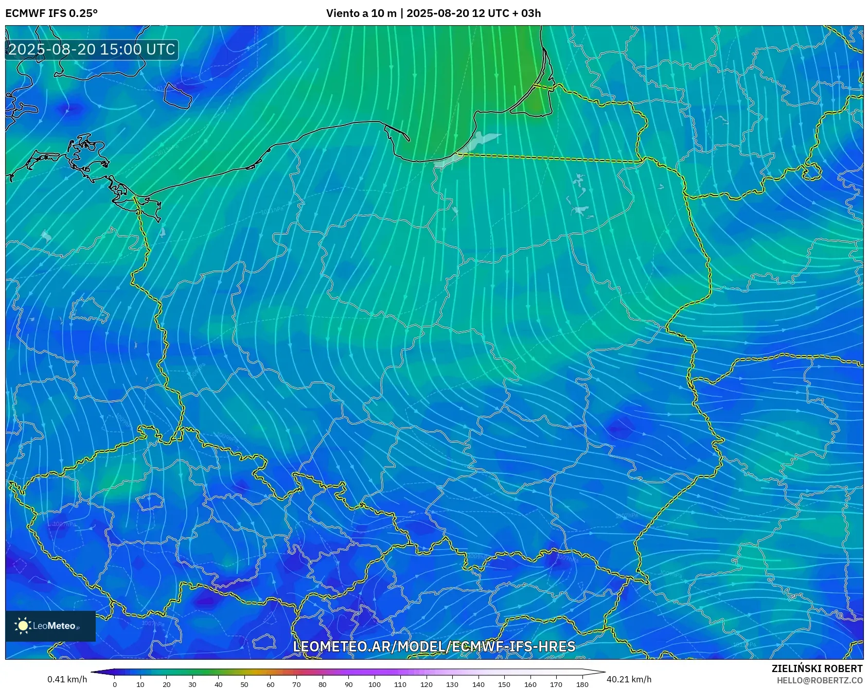 ECMWF IFS 0.25° model - Polonia, Viento a 10 m