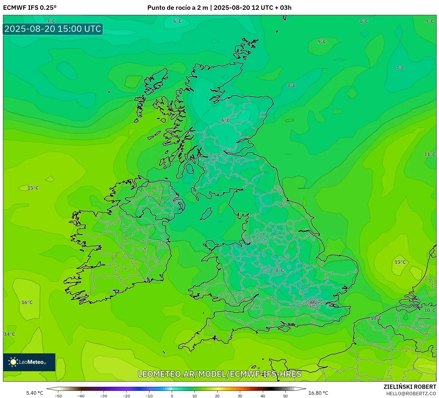 ECMWF IFS 0.25° model - Reino Unido, Punto de rocío a 2 m ECMWF IFS 0.25° model - Reino Unido, Punto de rocío a 2 m