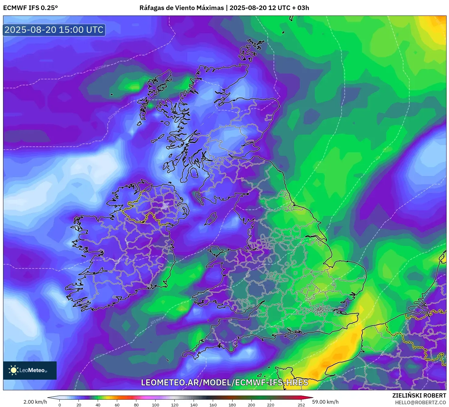 ECMWF IFS 0.25° model - Reino Unido, Ráfagas de Viento Máximas ECMWF IFS 0.25° model - Reino Unido, Ráfagas de Viento Máximas
