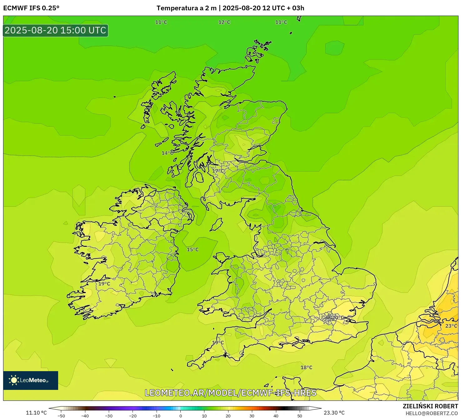 ECMWF IFS 0.25° model - Reino Unido, Temperatura a 2 m