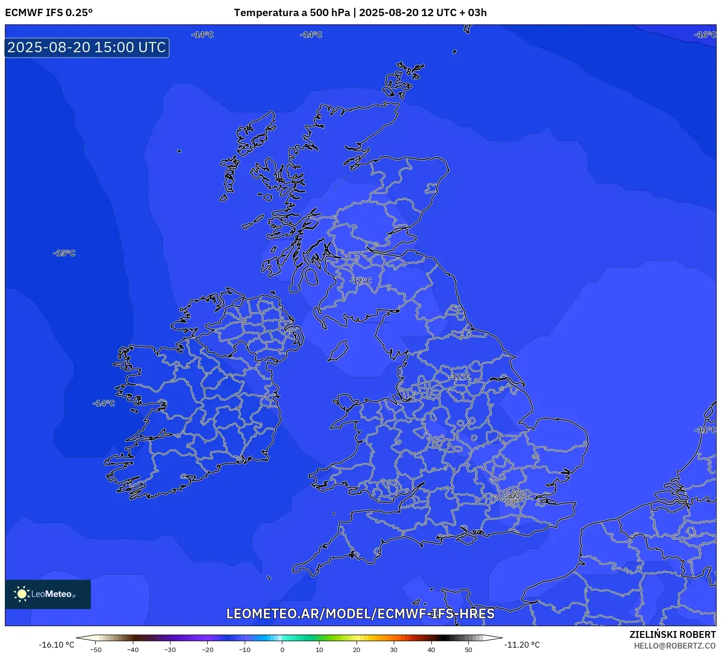 ECMWF IFS 0.25° model - Reino Unido, Temperatura a 500 hPa