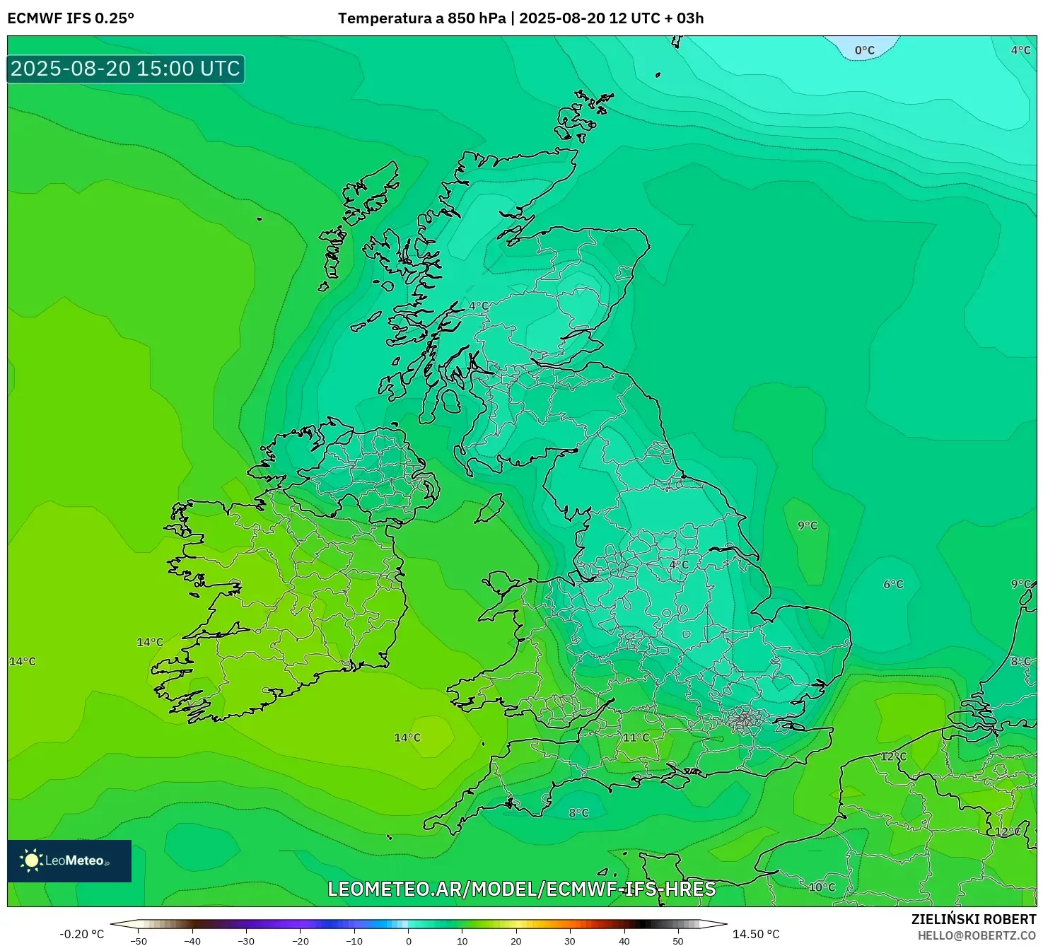 ECMWF IFS 0.25° model - Reino Unido, Temperatura a 850 hPa
