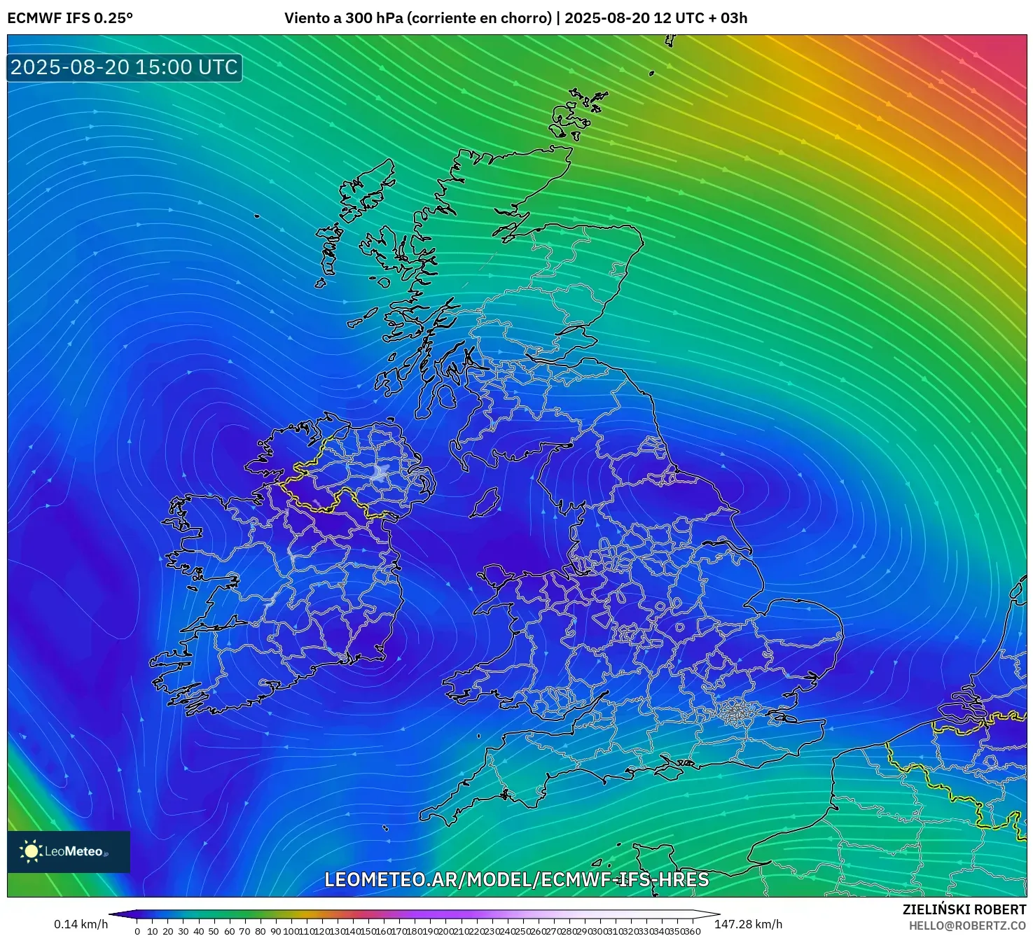 ECMWF IFS 0.25° model - Reino Unido, Viento a 300 hPa (corriente en chorro)