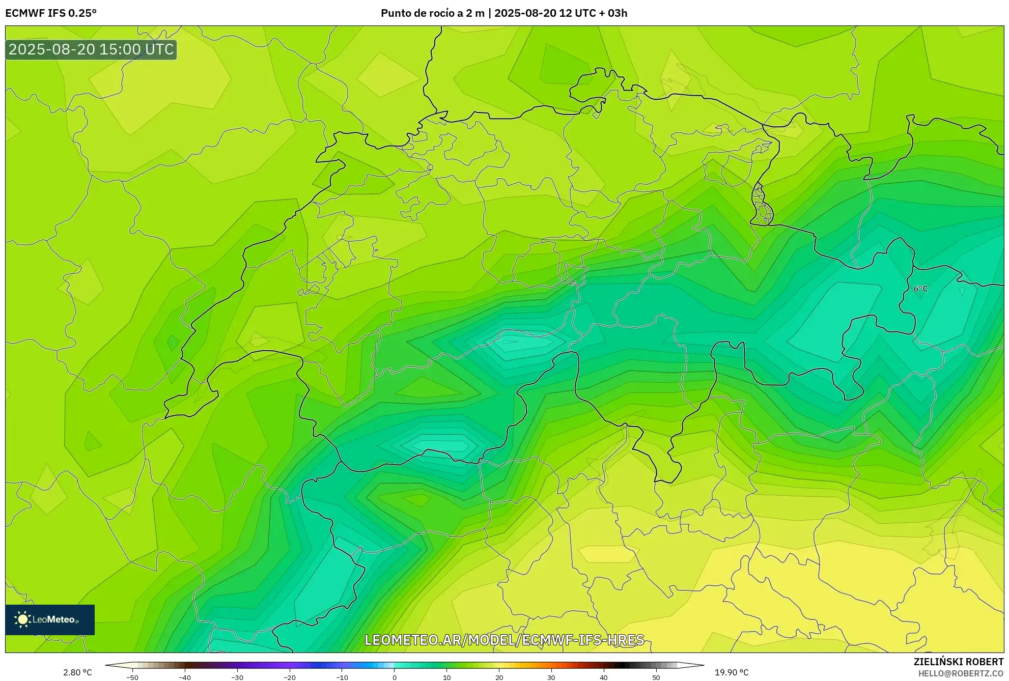 ECMWF IFS 0.25° model - Suiza, Punto de rocío a 2 m ECMWF IFS 0.25° model - Suiza, Punto de rocío a 2 m