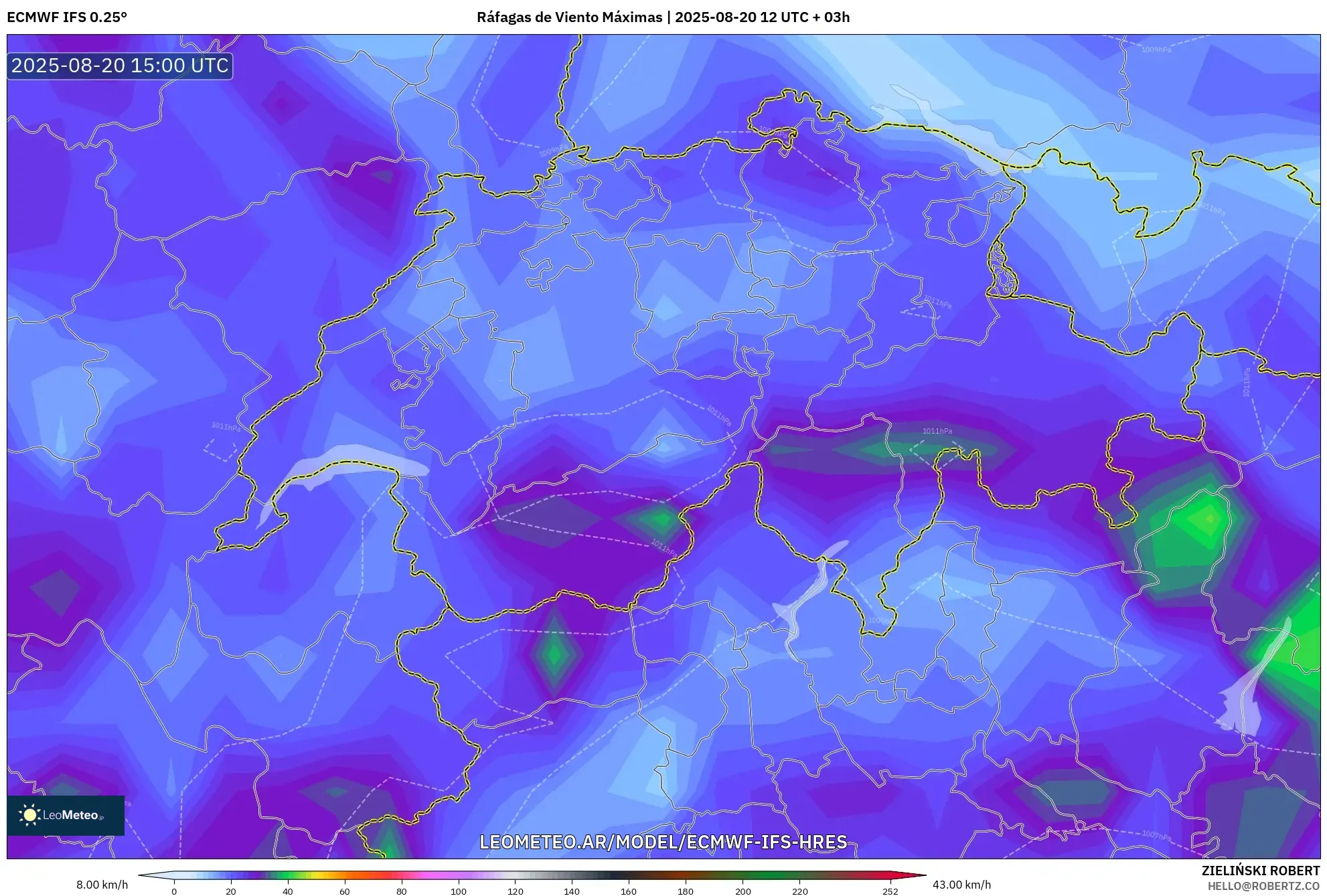 ECMWF IFS 0.25° model - Suiza, Ráfagas de Viento Máximas