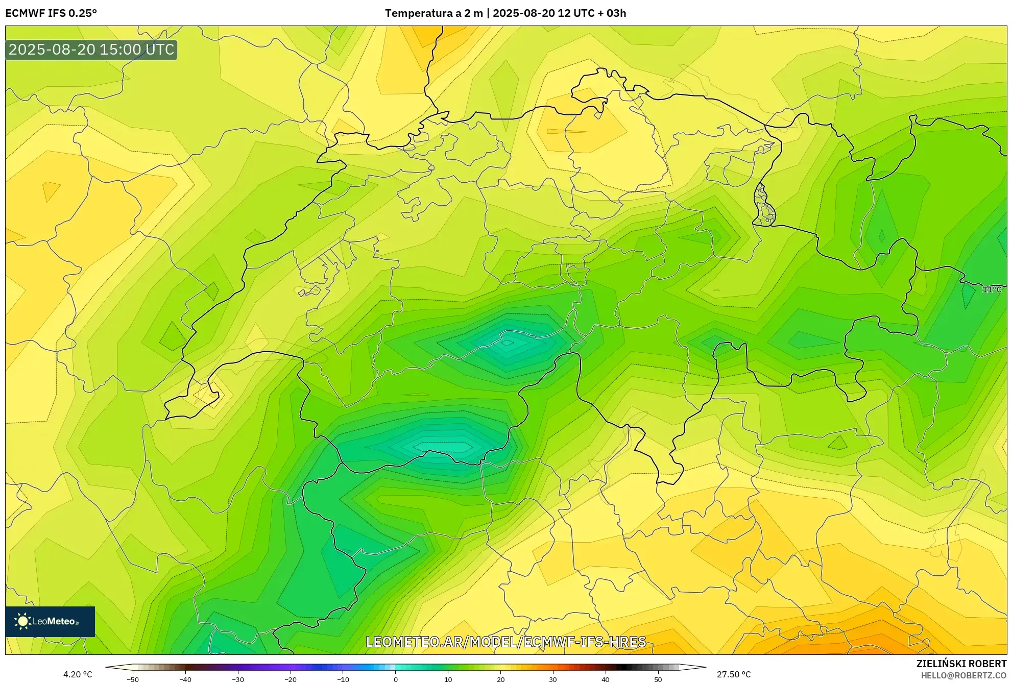 ECMWF IFS 0.25° model - Suiza, Temperatura a 2 m