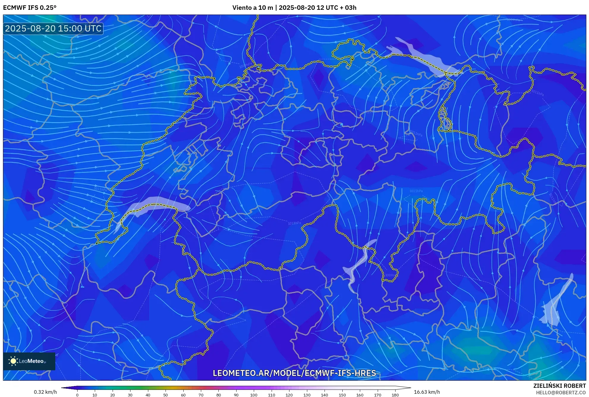 ECMWF IFS 0.25° model - Suiza, Viento a 10 m