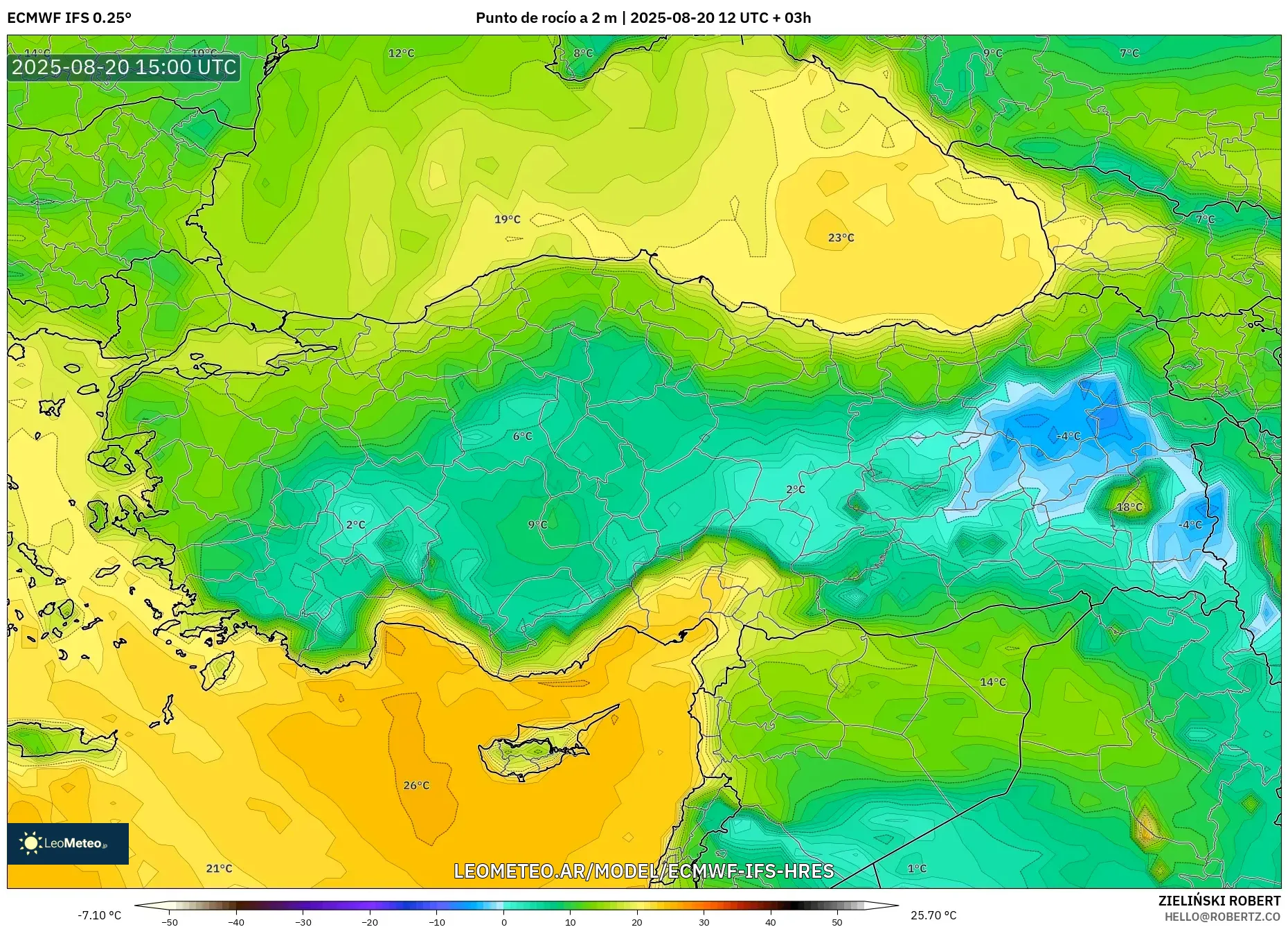 ECMWF IFS 0.25° model - Turquía, Punto de rocío a 2 m