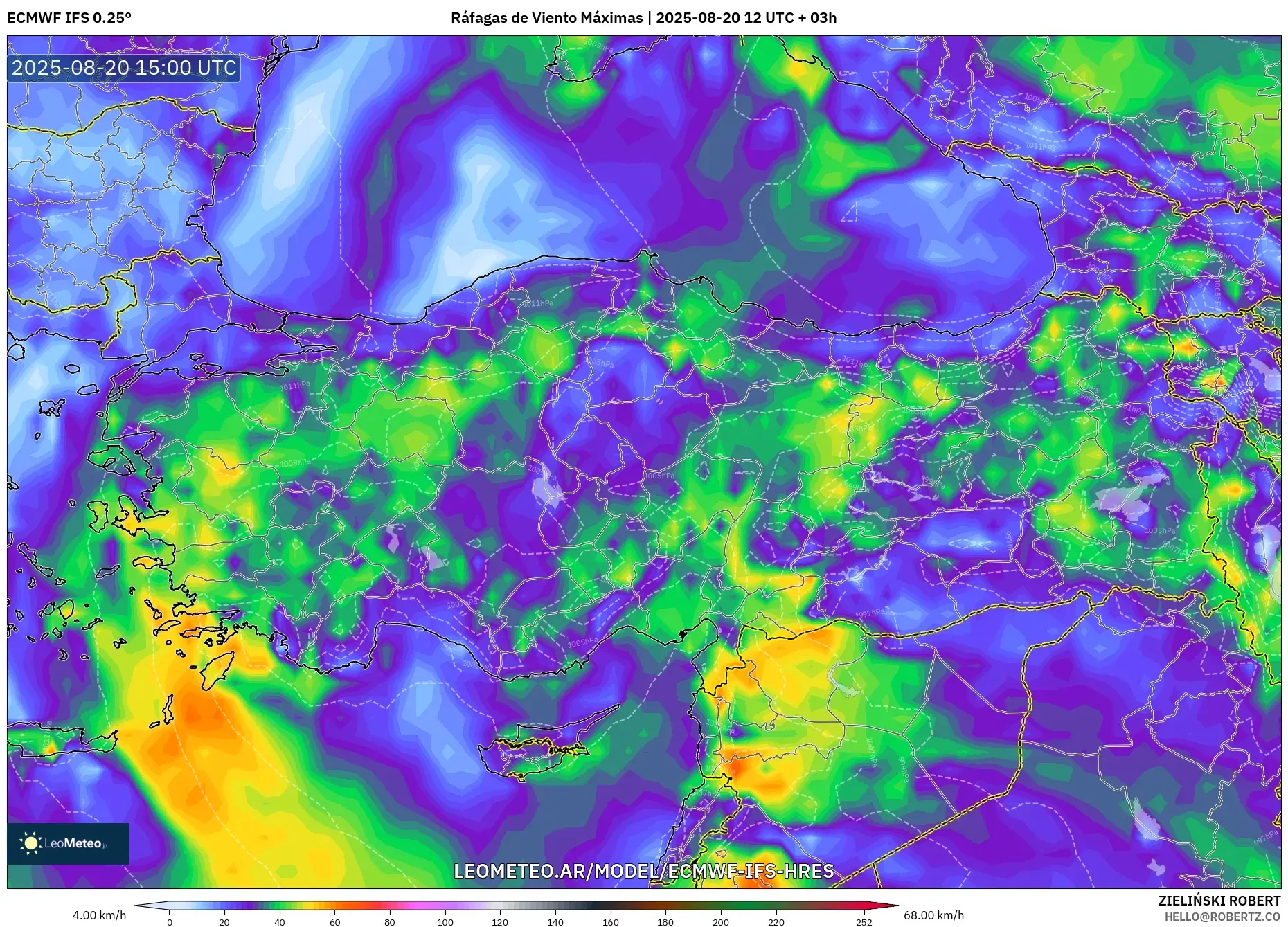 ECMWF IFS 0.25° model - Turquía, Ráfagas de Viento Máximas ECMWF IFS 0.25° model - Turquía, Ráfagas de Viento Máximas