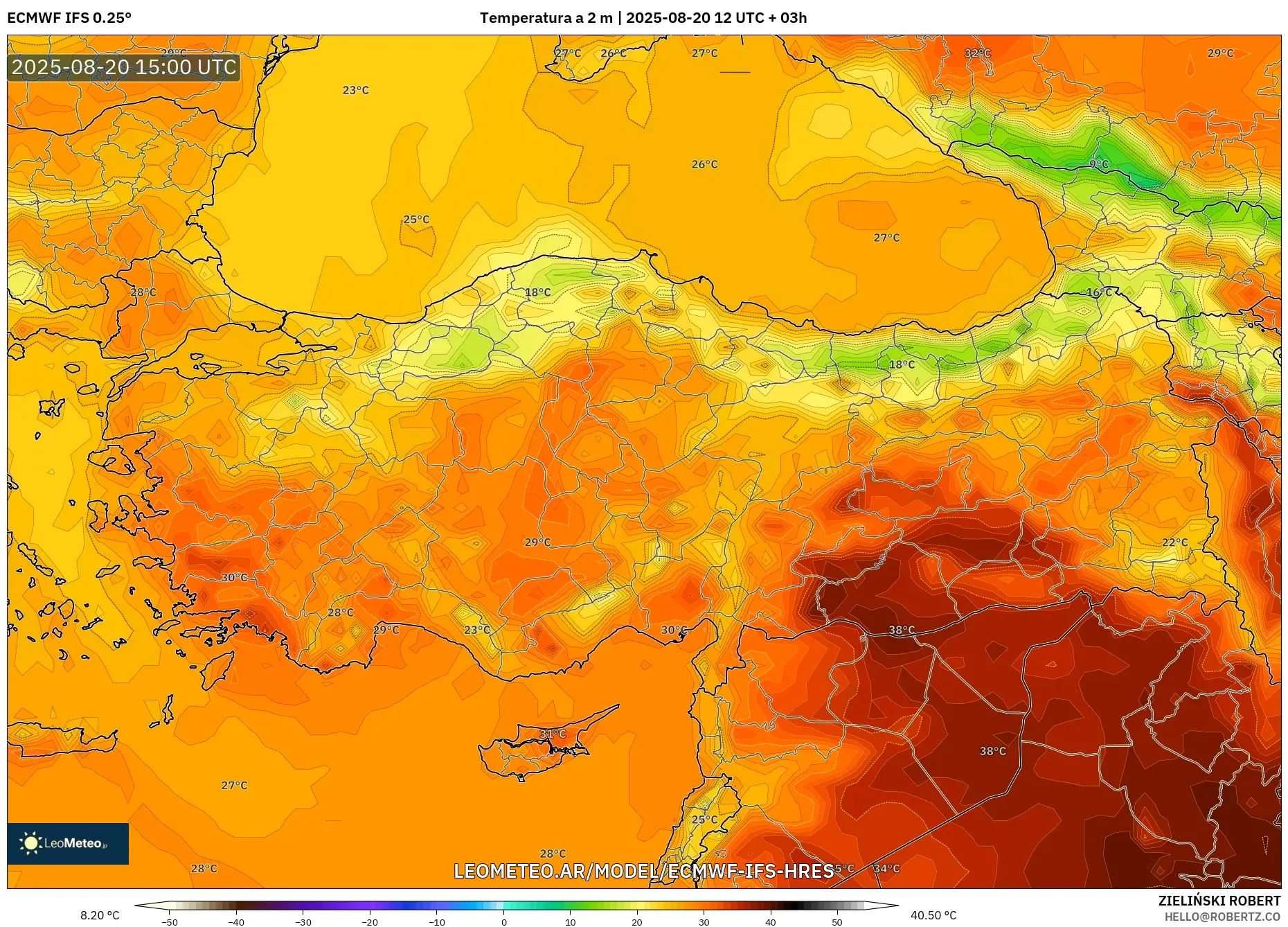 ECMWF IFS 0.25° model - Turquía, Temperatura a 2 m ECMWF IFS 0.25° model - Turquía, Temperatura a 2 m