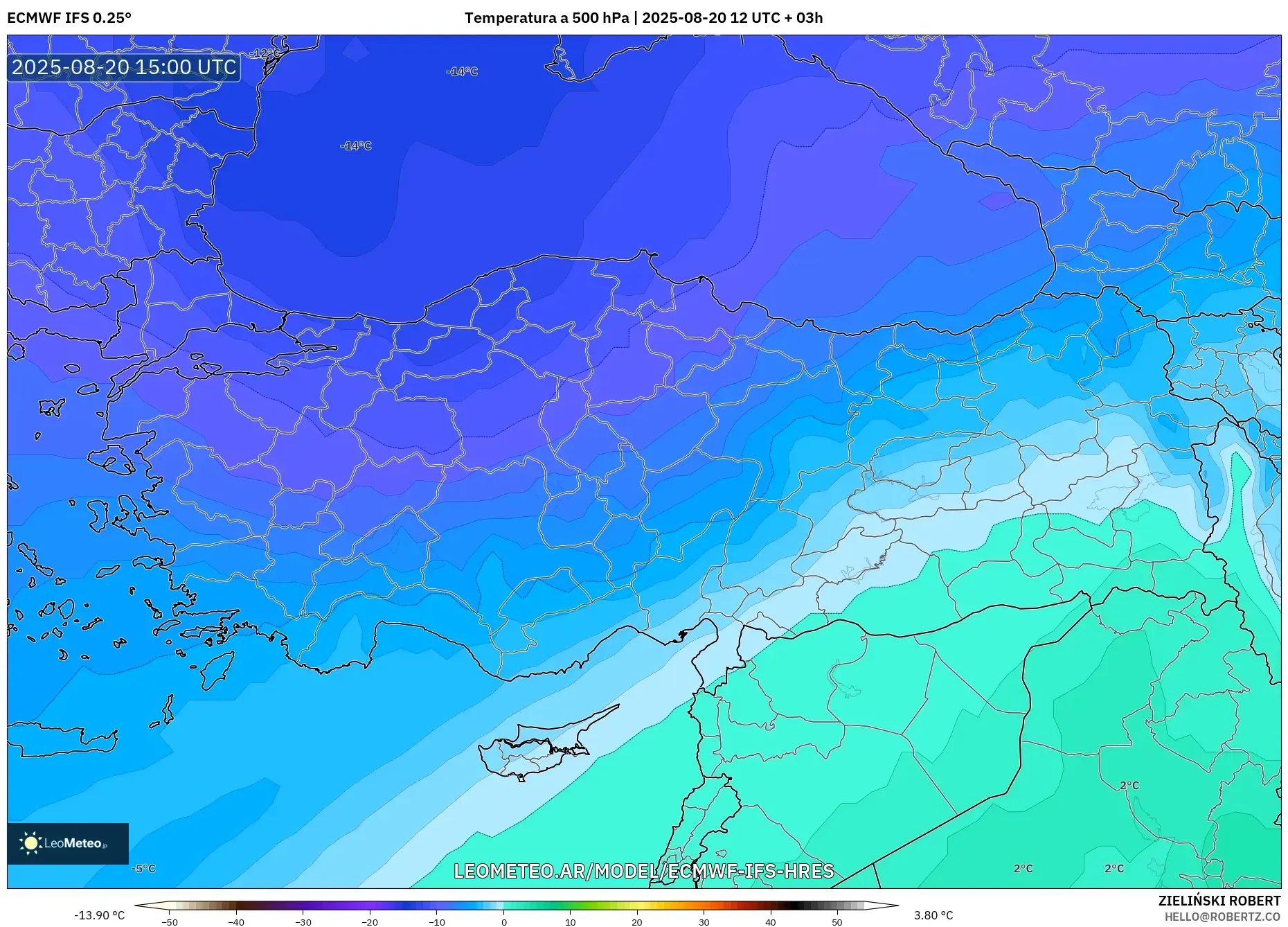 ECMWF IFS 0.25° model - Turquía, Temperatura a 500 hPa ECMWF IFS 0.25° model - Turquía, Temperatura a 500 hPa
