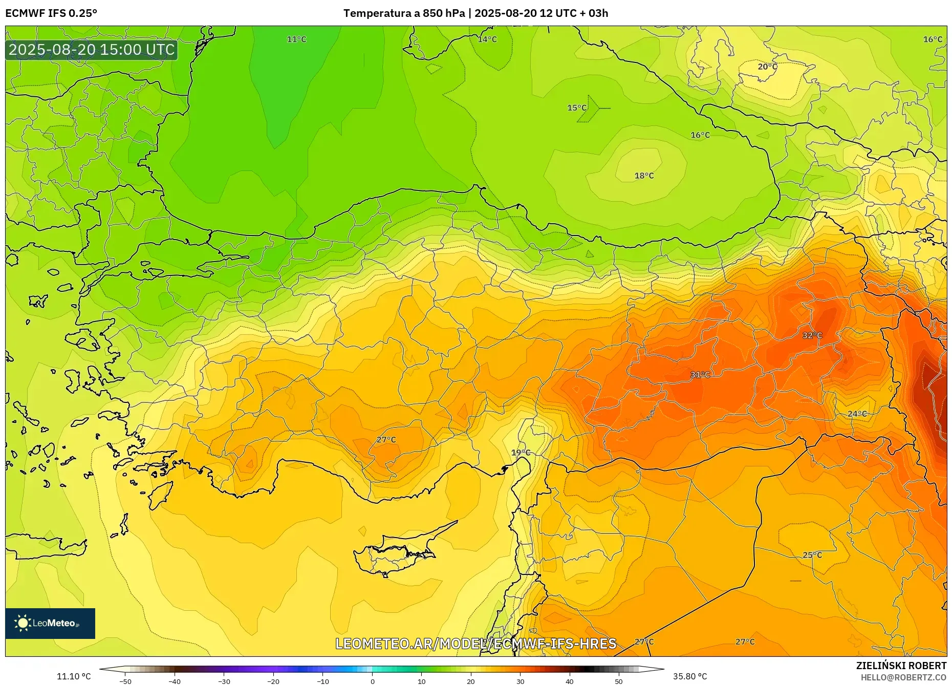 ECMWF IFS 0.25° model - Turquía, Temperatura a 850 hPa