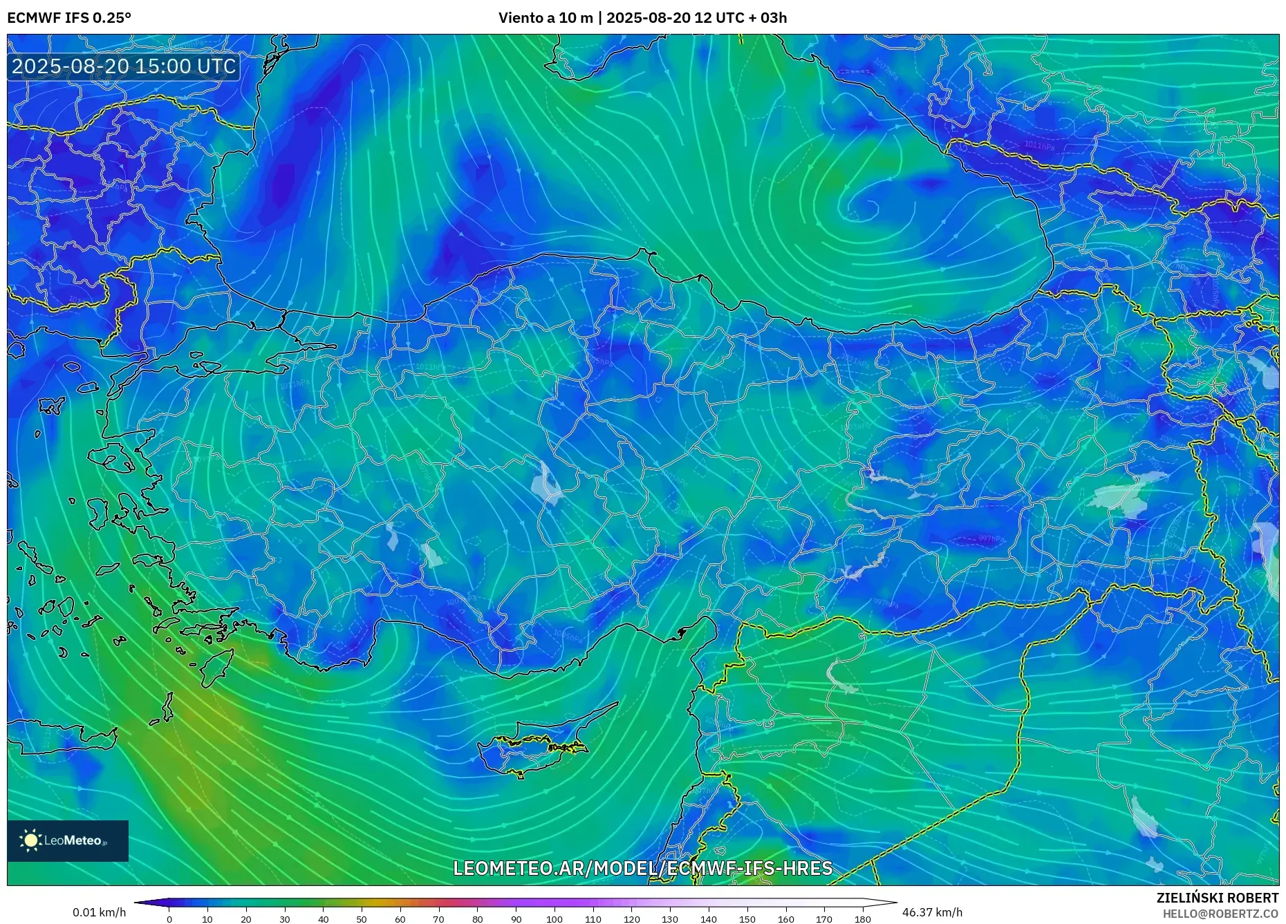 ECMWF IFS 0.25° model - Turquía, Viento a 10 m