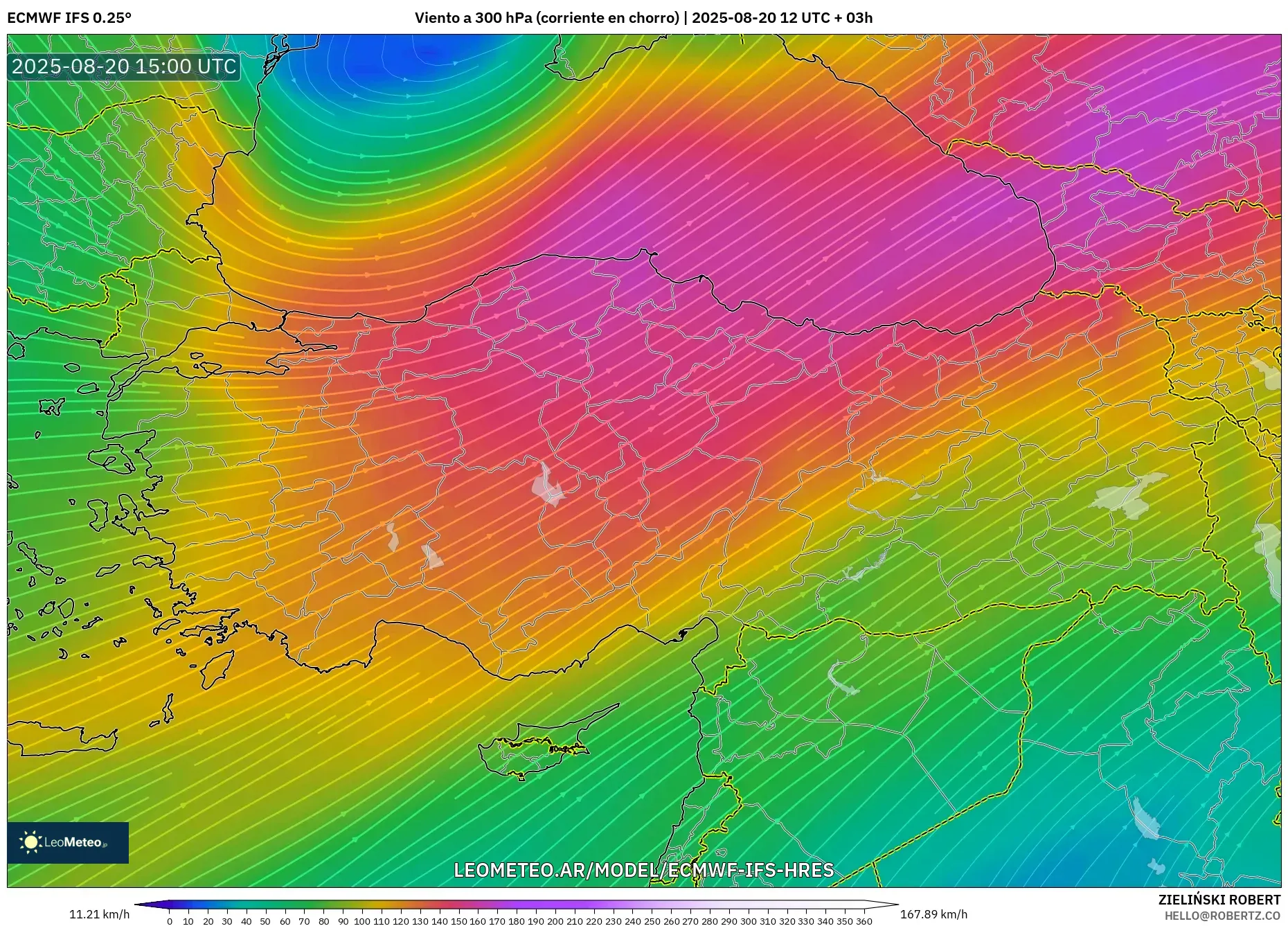 ECMWF IFS 0.25° model - Turquía, Viento a 300 hPa (corriente en chorro)