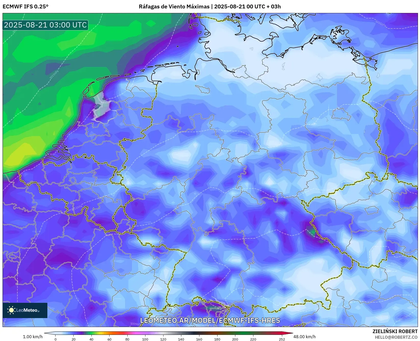 ECMWF IFS 0.25° model - Alemania, Ráfagas de Viento Máximas