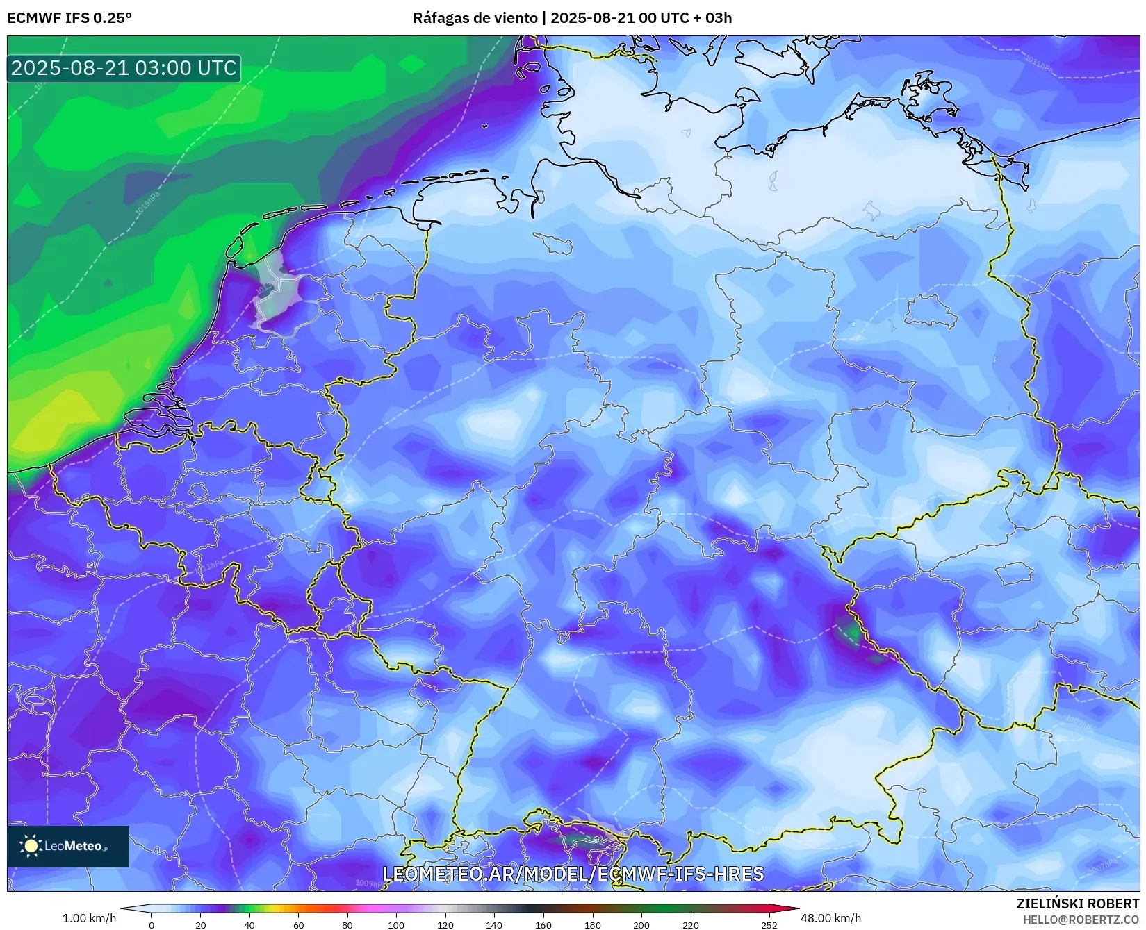 ECMWF IFS 0.25° model - Alemania, Ráfagas de viento