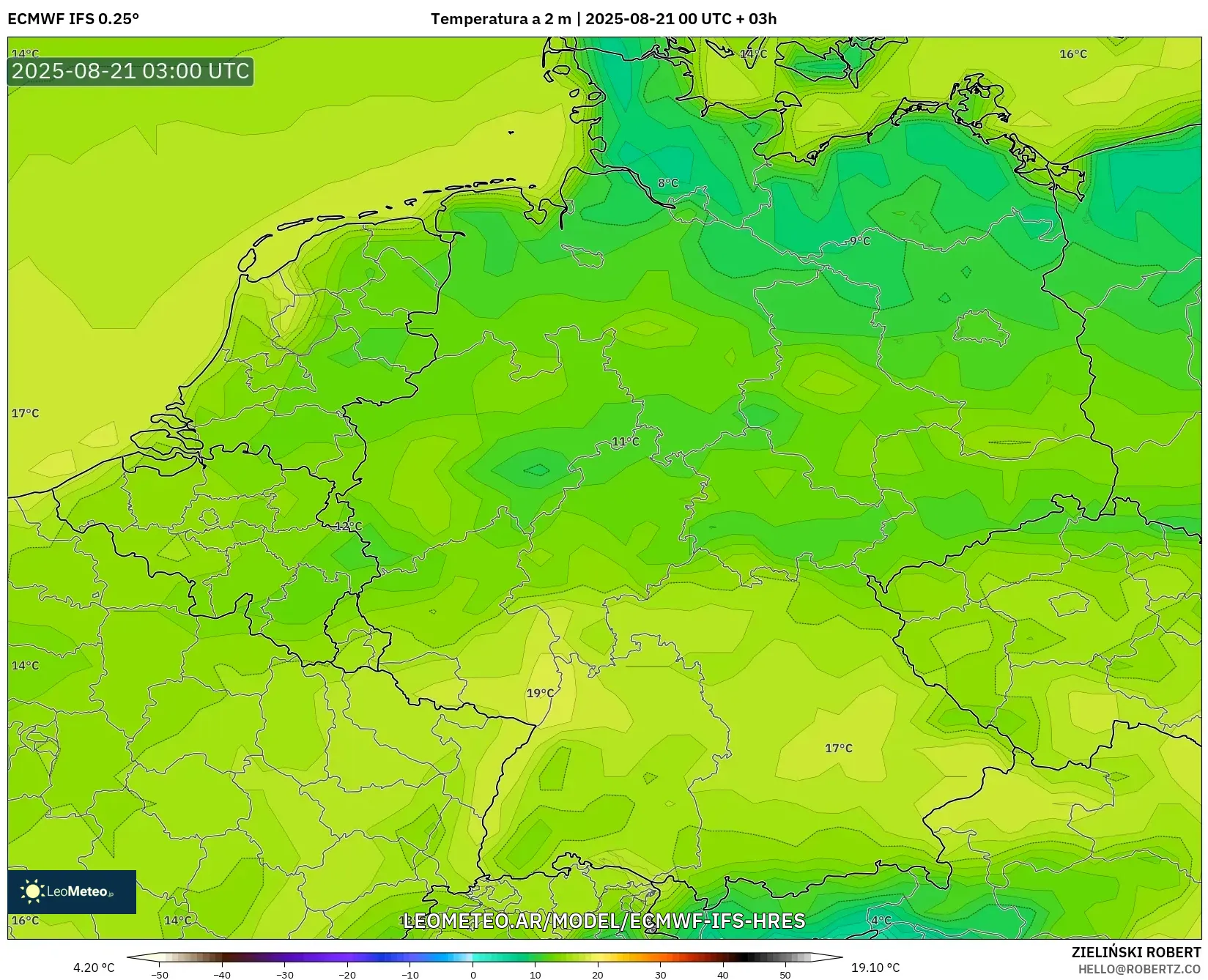 ECMWF IFS 0.25° model - Alemania, Temperatura a 2 m
