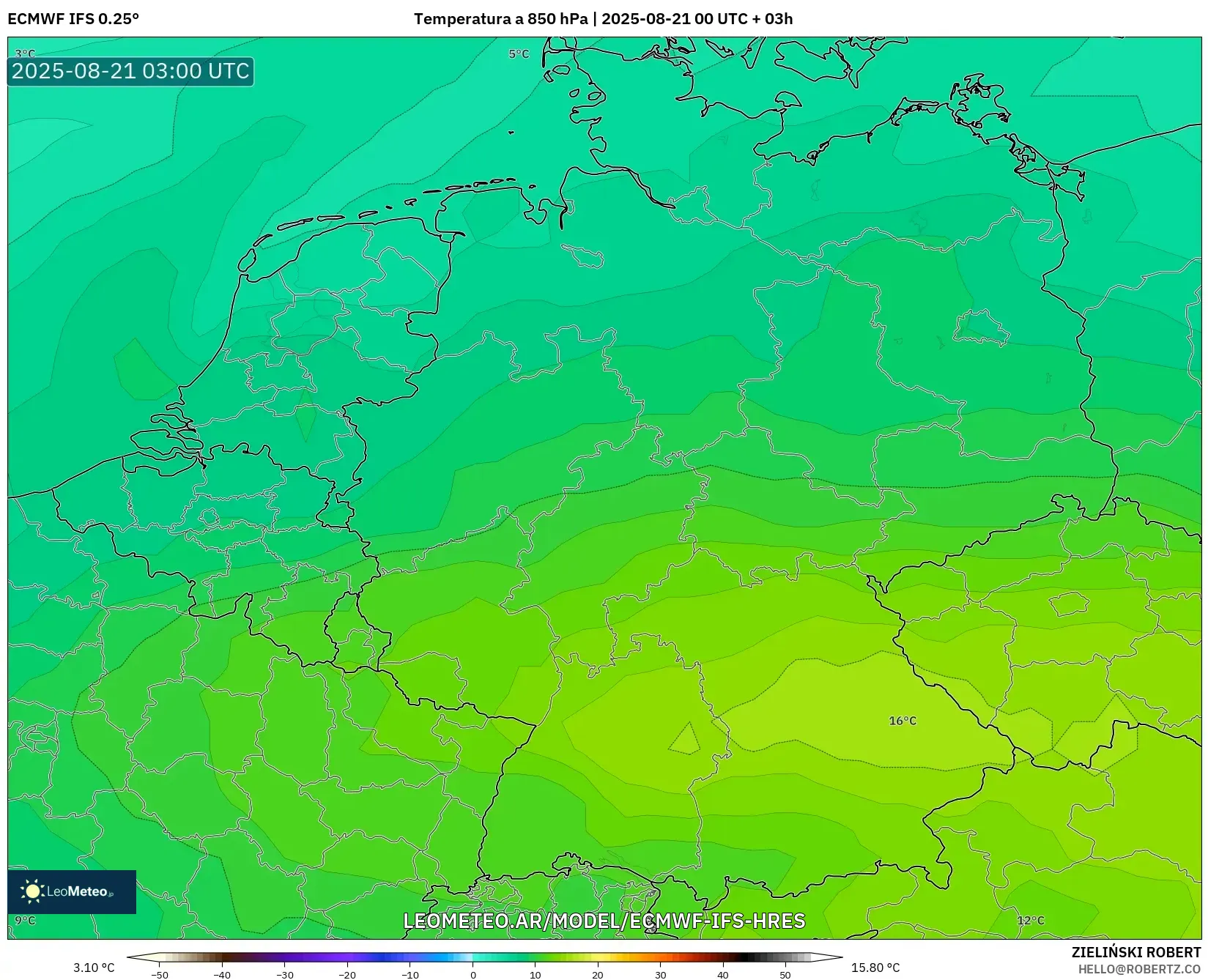 ECMWF IFS 0.25° model - Alemania, Temperatura a 850 hPa ECMWF IFS 0.25° model - Alemania, Temperatura a 850 hPa
