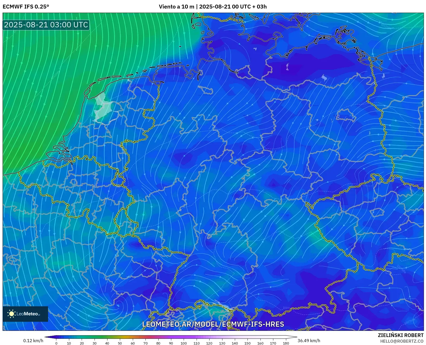 ECMWF IFS 0.25° model - Alemania, Viento a 10 m