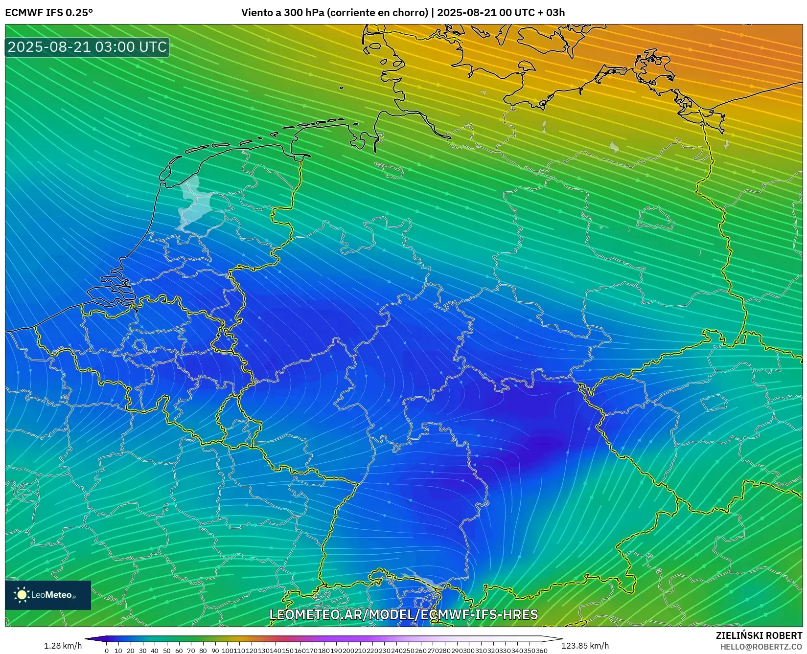 ECMWF IFS 0.25° model - Alemania, Viento a 300 hPa (corriente en chorro)