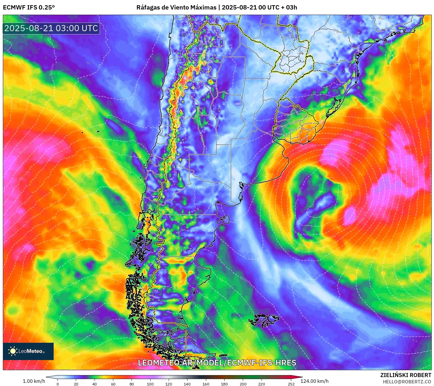 ECMWF IFS 0.25° model - Argentina, Ráfagas de Viento Máximas