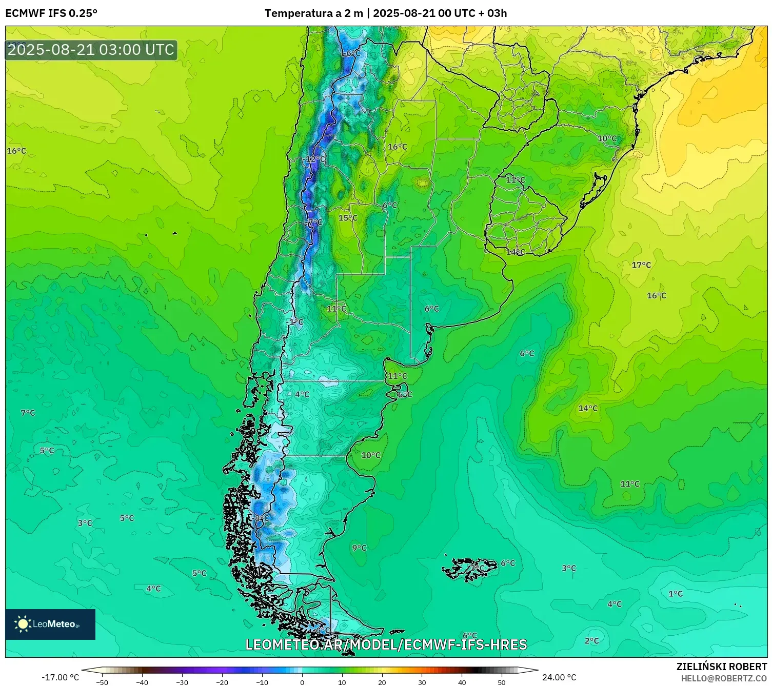 ECMWF IFS 0.25° model - Argentina, Temperatura a 2 m