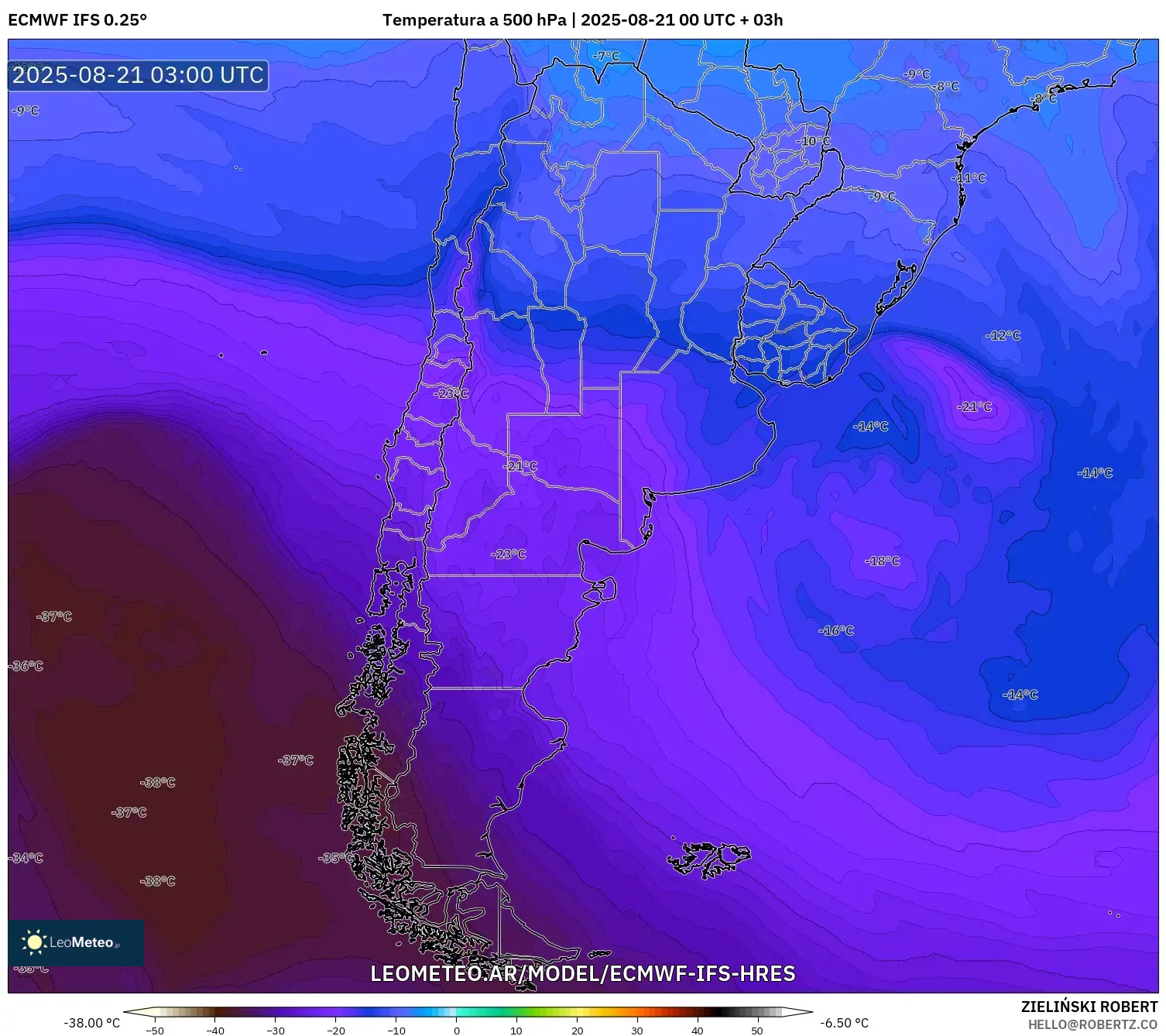 ECMWF IFS 0.25° model - Argentina, Temperatura a 500 hPa