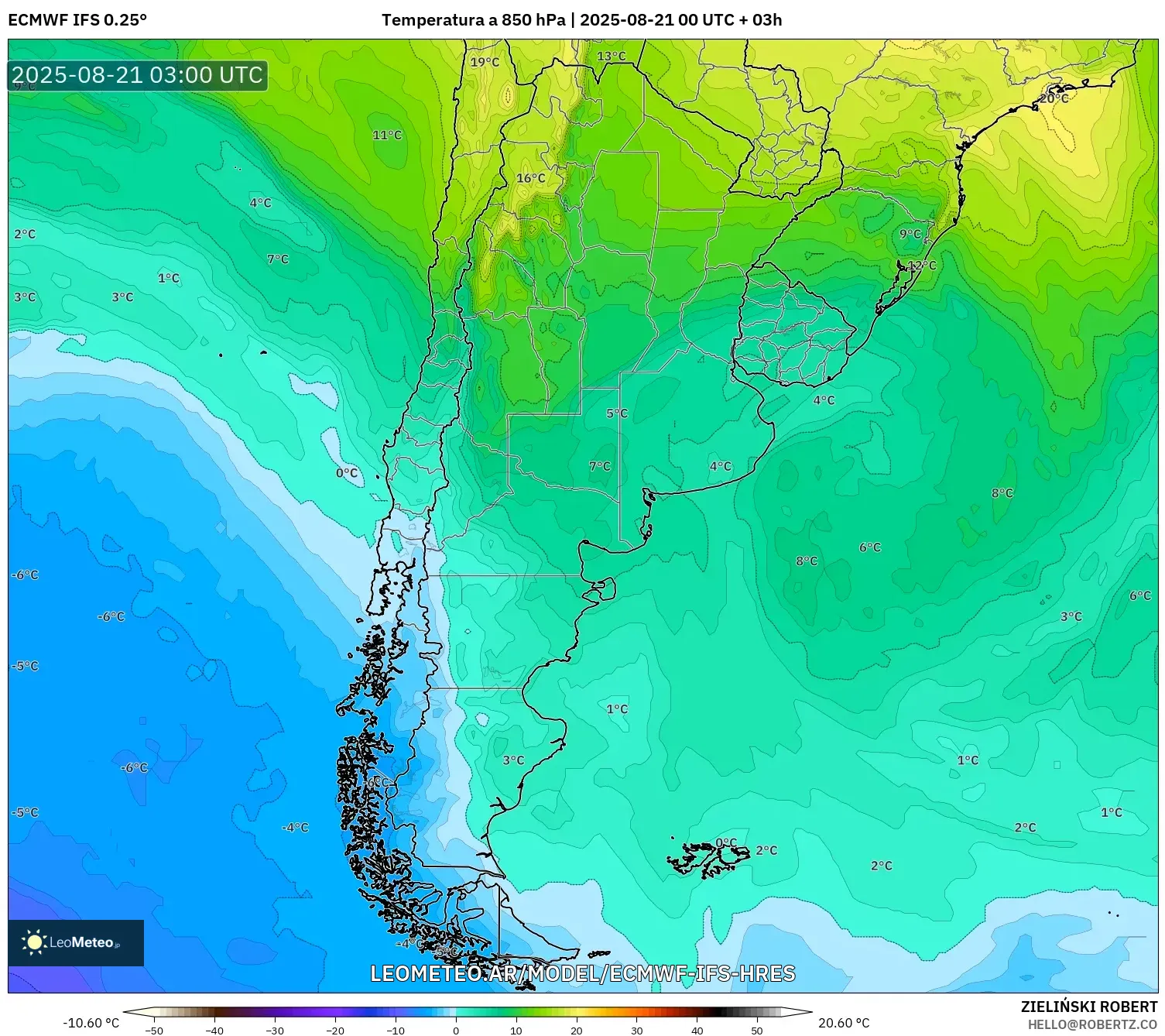 ECMWF IFS 0.25° model - Argentina, Temperatura a 850 hPa ECMWF IFS 0.25° model - Argentina, Temperatura a 850 hPa
