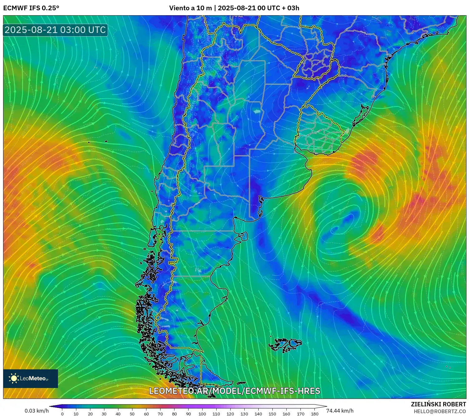ECMWF IFS 0.25° model - Argentina, Viento a 10 m
