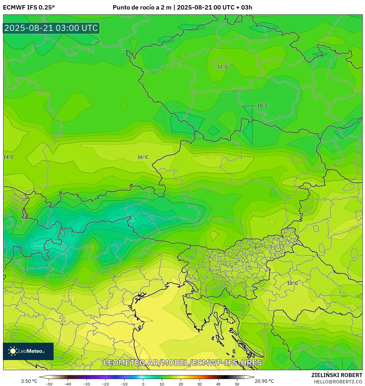 ECMWF IFS 0.25° model - Austria, Punto de rocío a 2 m