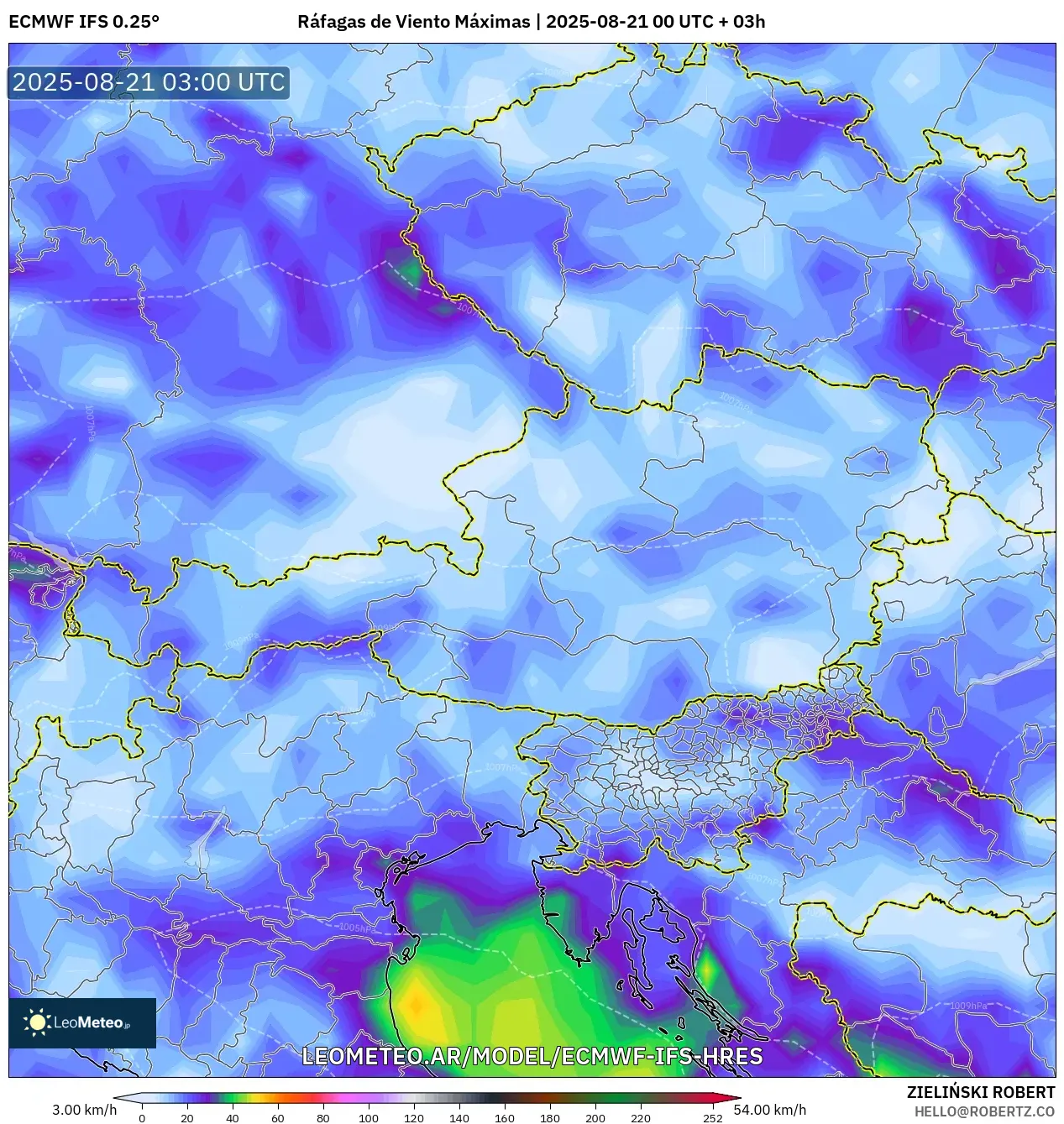 ECMWF IFS 0.25° model - Austria, Ráfagas de Viento Máximas