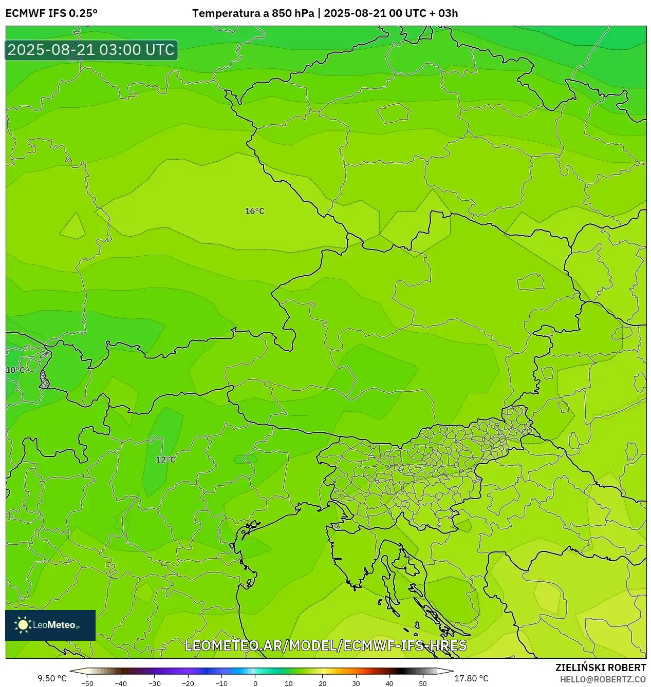 ECMWF IFS 0.25° model - Austria, Temperatura a 850 hPa ECMWF IFS 0.25° model - Austria, Temperatura a 850 hPa