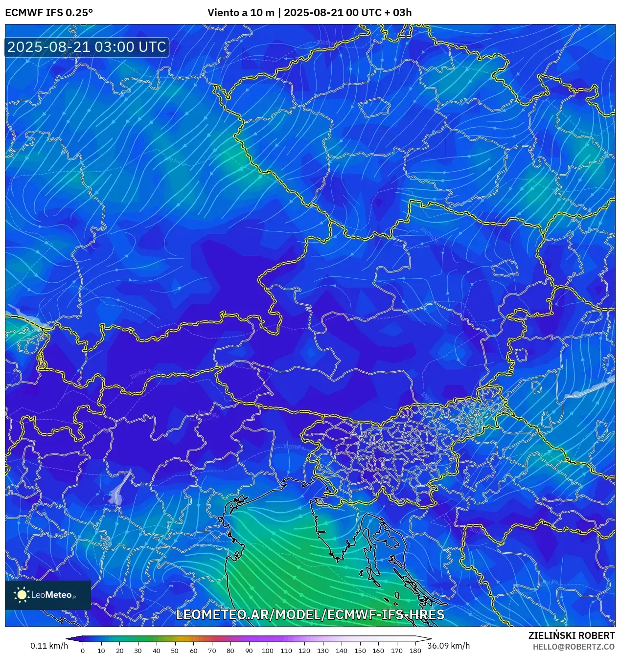 ECMWF IFS 0.25° model - Austria, Viento a 10 m