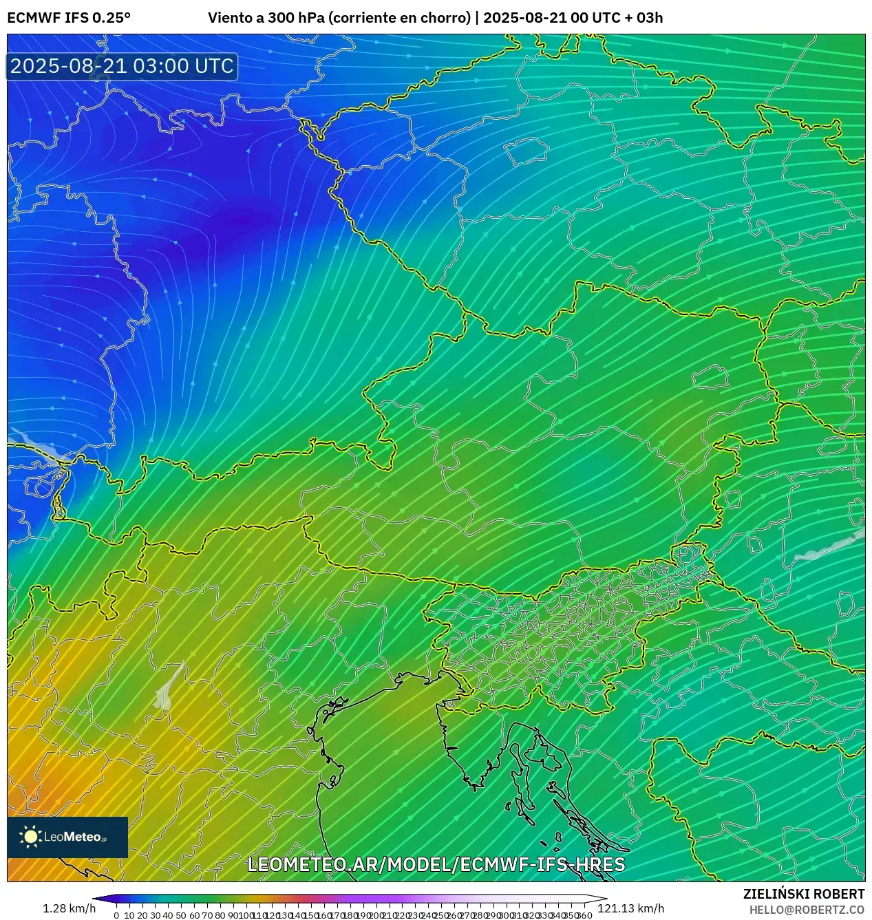 ECMWF IFS 0.25° model - Austria, Viento a 300 hPa (corriente en chorro)