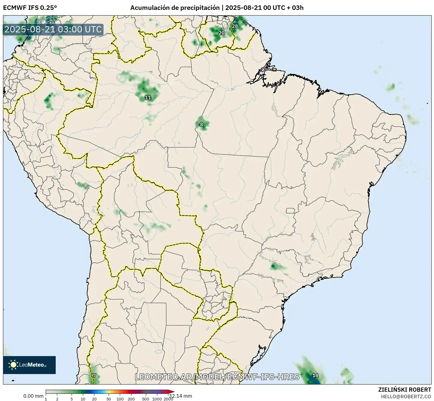 ECMWF IFS 0.25° model - Brasil, Acumulación de precipitación