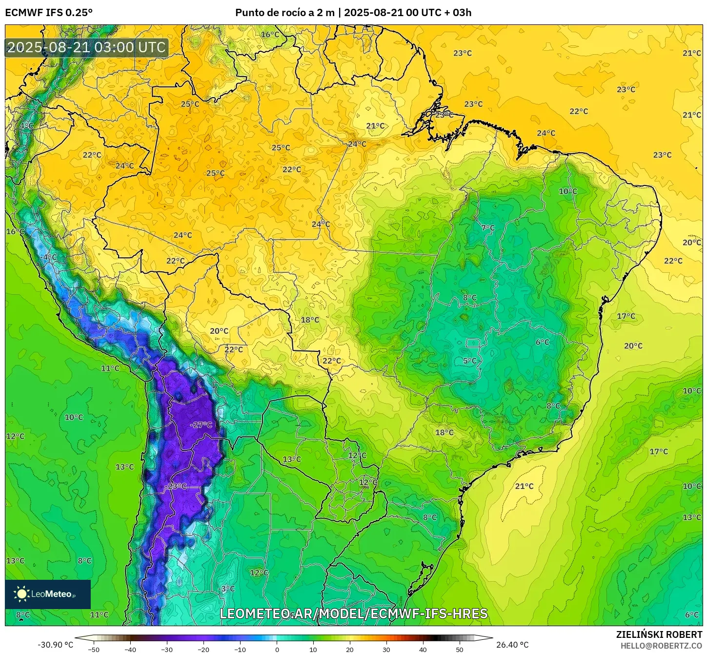 ECMWF IFS 0.25° model - Brasil, Punto de rocío a 2 m