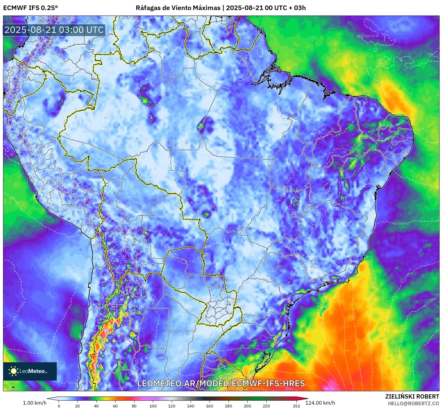 ECMWF IFS 0.25° model - Brasil, Ráfagas de Viento Máximas