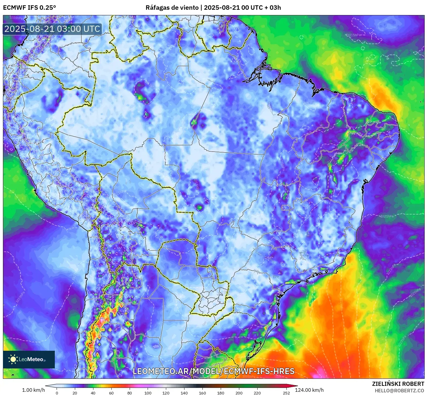 ECMWF IFS 0.25° model - Brasil, Ráfagas de viento