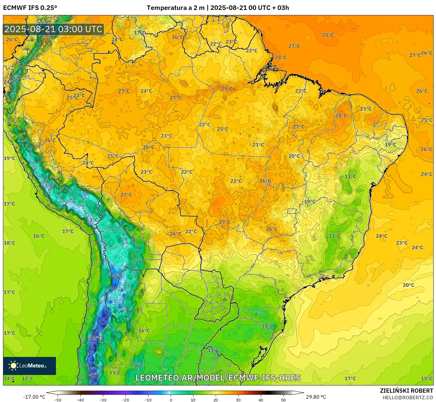 ECMWF IFS 0.25° model - Brasil, Temperatura a 2 m ECMWF IFS 0.25° model - Brasil, Temperatura a 2 m