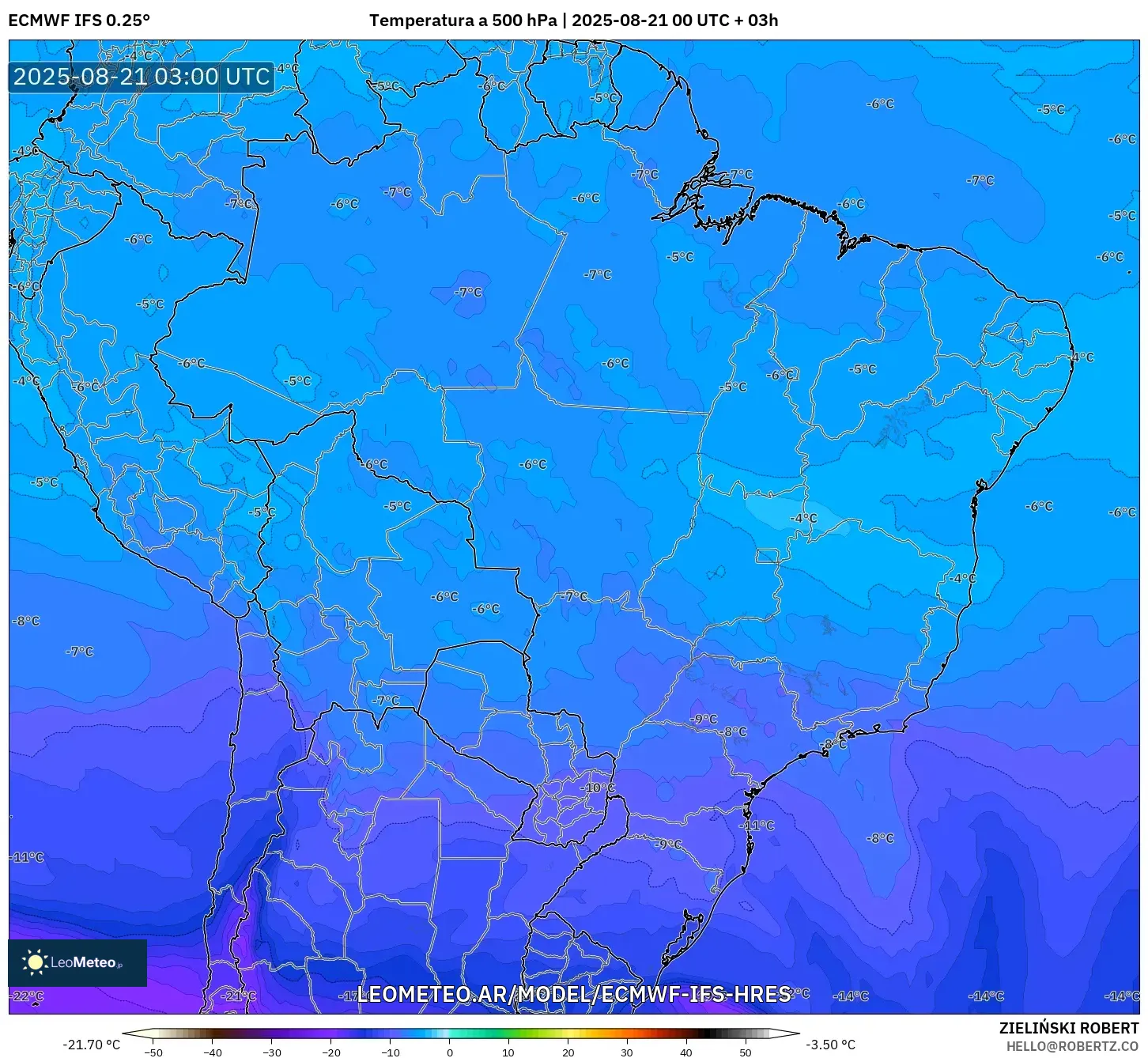 ECMWF IFS 0.25° model - Brasil, Temperatura a 500 hPa