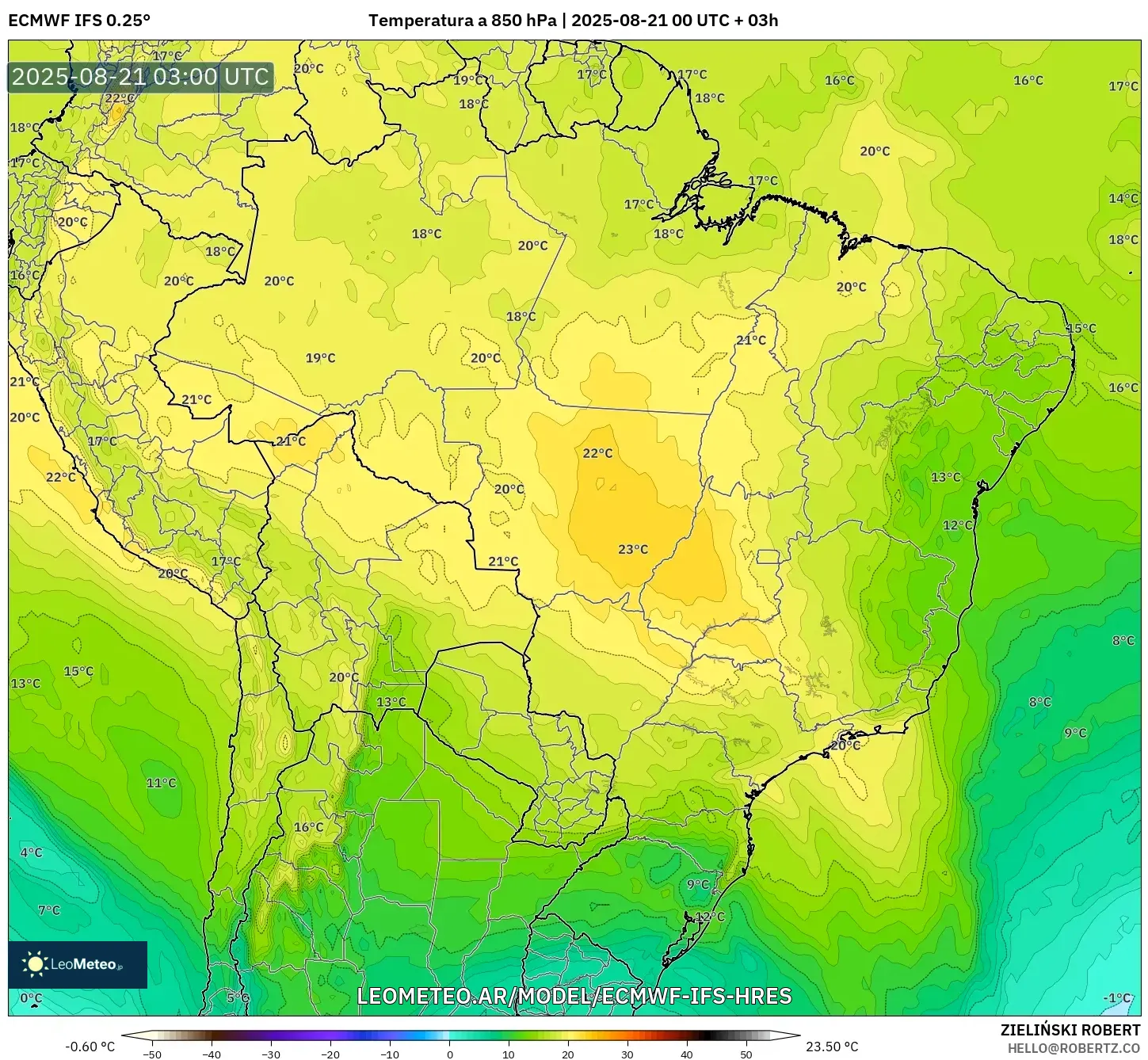 ECMWF IFS 0.25° model - Brasil, Temperatura a 850 hPa ECMWF IFS 0.25° model - Brasil, Temperatura a 850 hPa